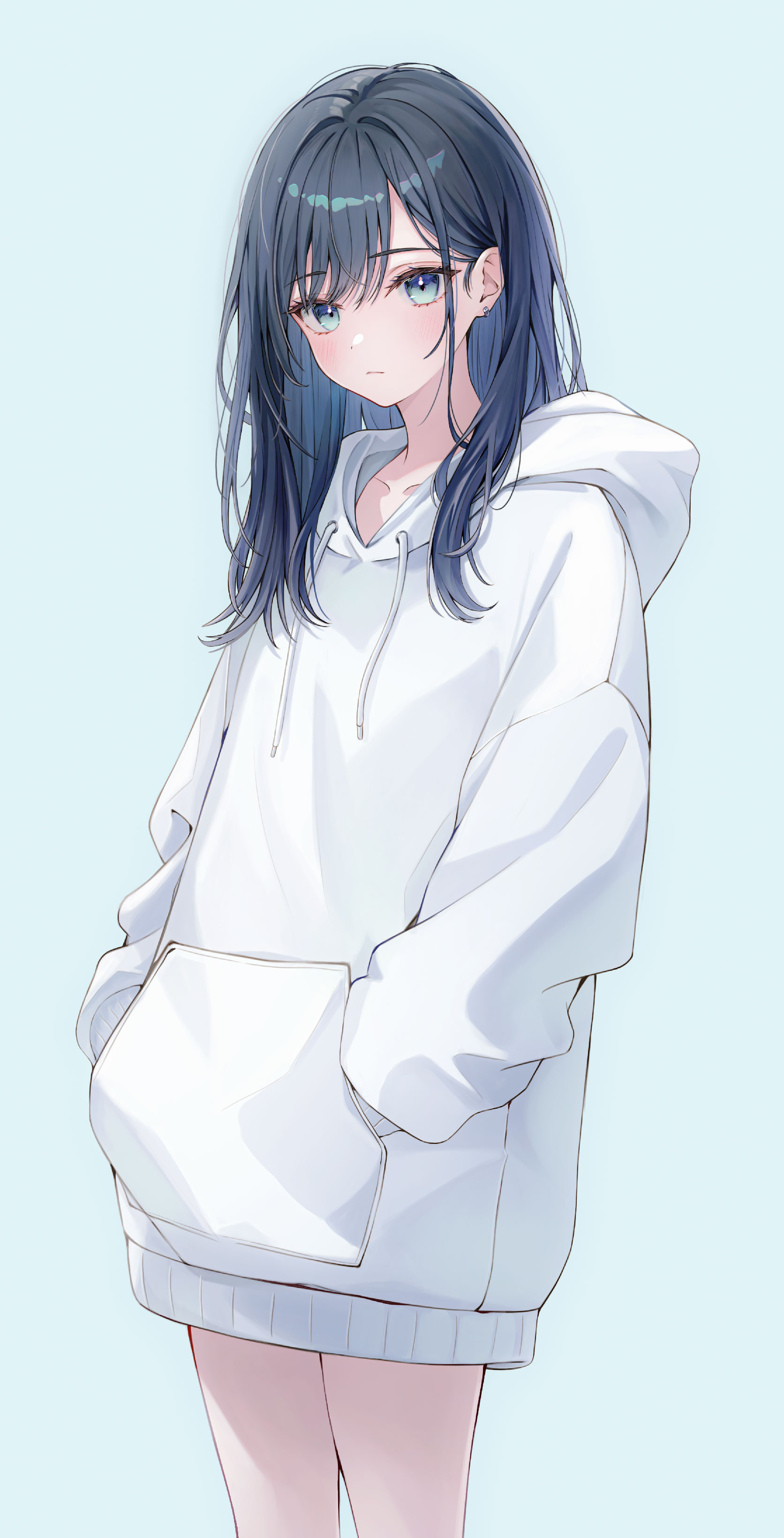 Anime 1672x3278 anime anime girls portrait display standing looking at viewer blushing blue hair blue eyes simple background long hair hands in pockets minimalism ear piercing