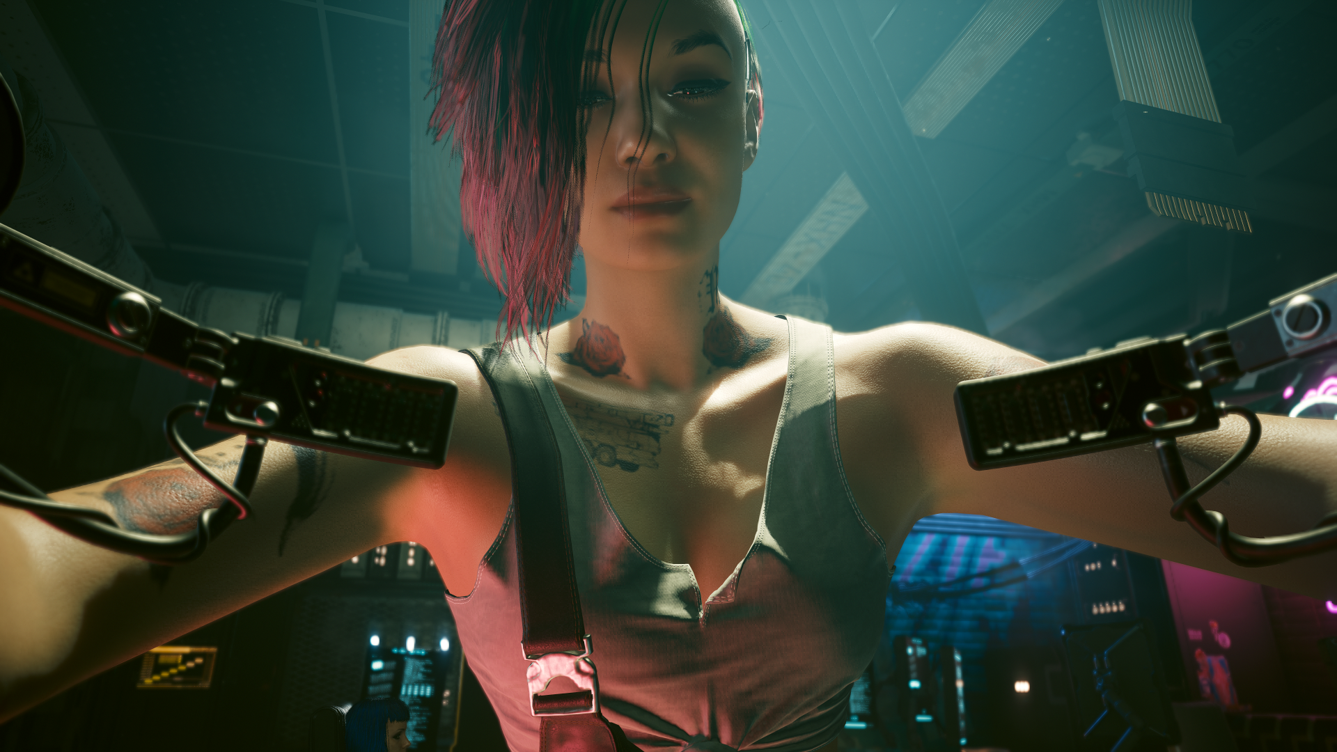 General 1920x1080 Cyberpunk 2077 video game characters CGI video games tattoo CD Projekt RED armpits looking at viewer interior Judy Alvarez