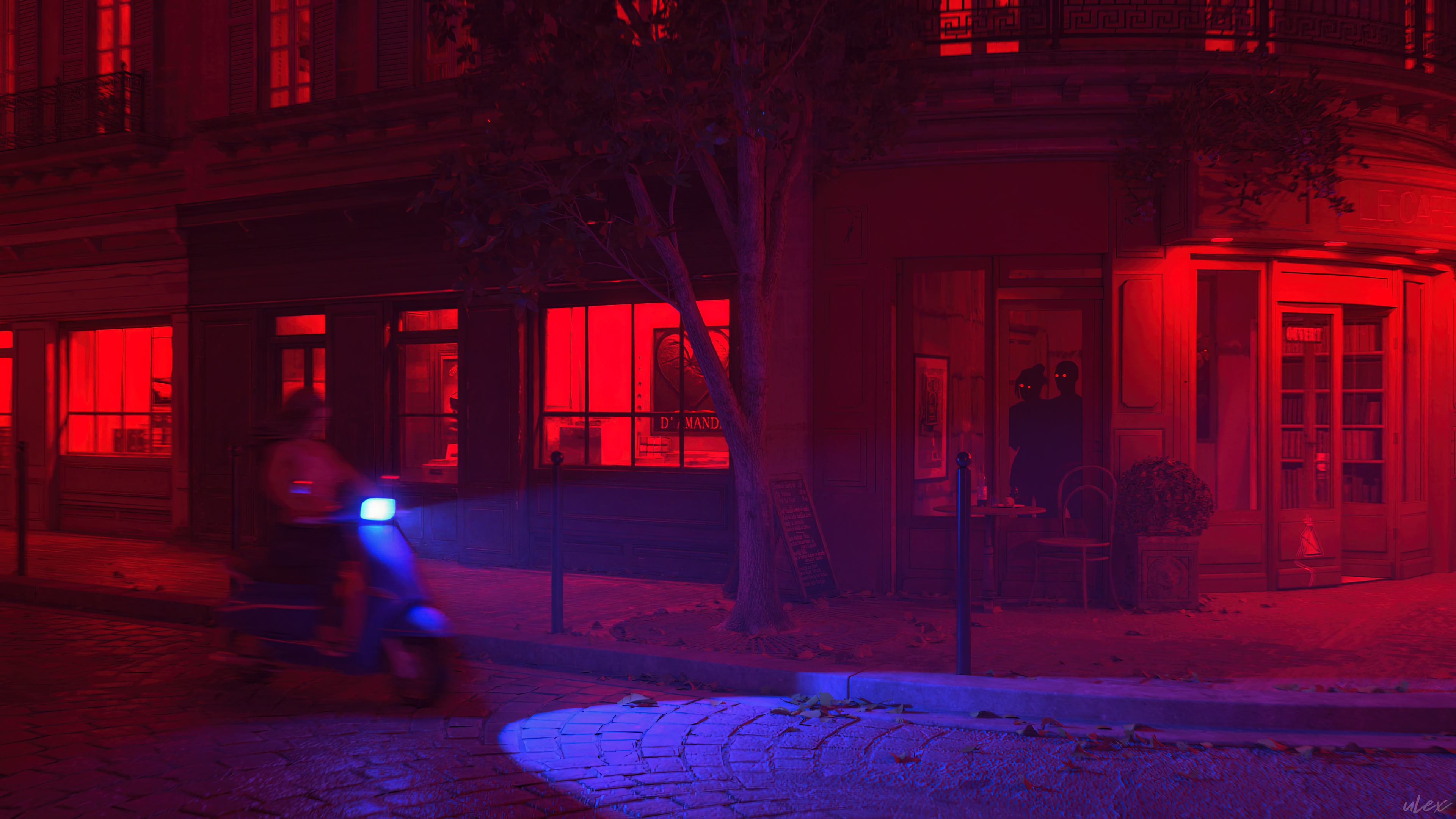 General 3840x2160 CGI digital art 3D Environment Paris neon mopeds street cobblestone building motion blur glowing eyes