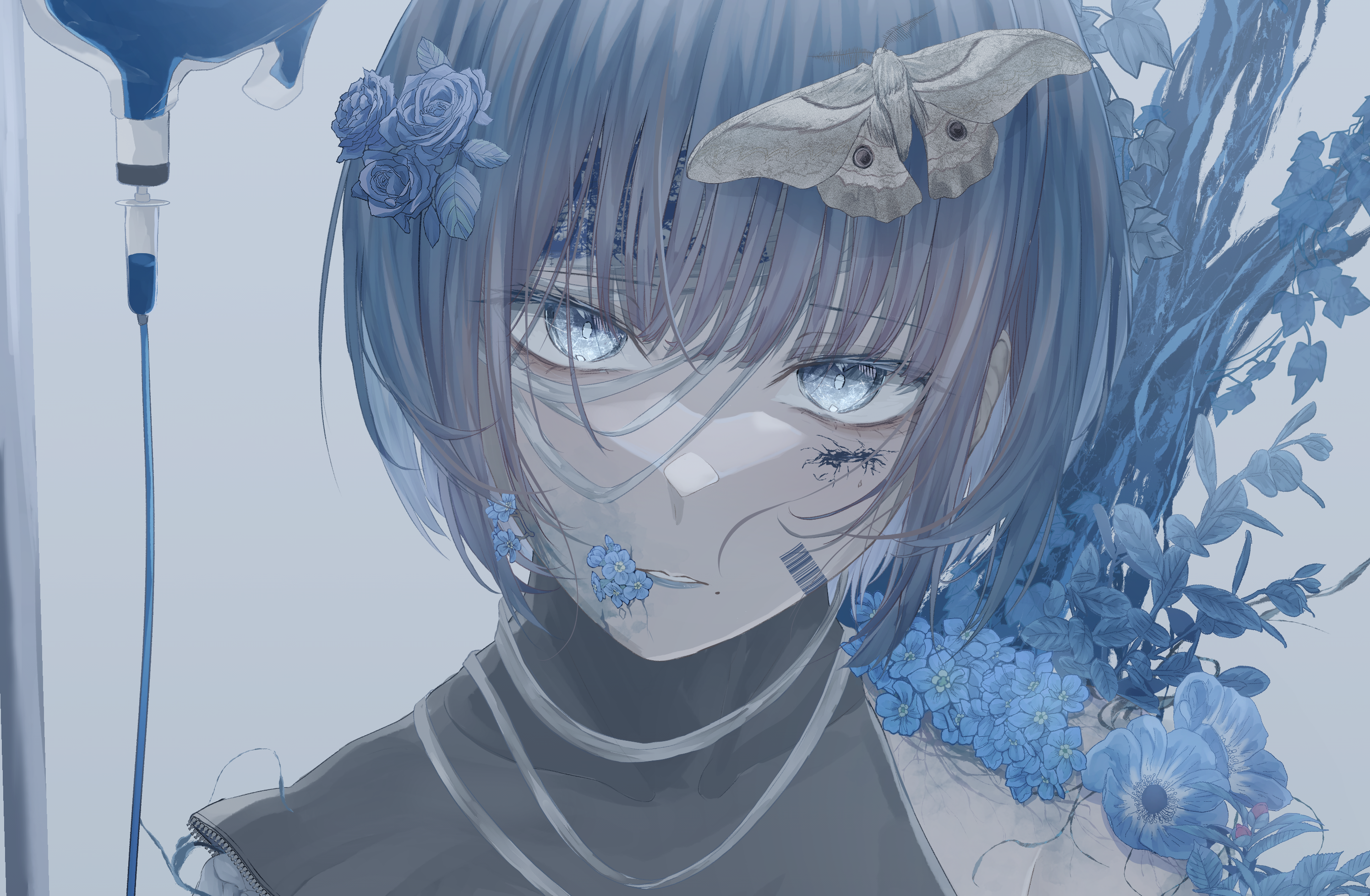 Anime 2991x1957 anime anime girls short hair flower in hair barcode flowers moles mole under mouth looking at viewer leaves simple background minimalism moth insect blue eyes