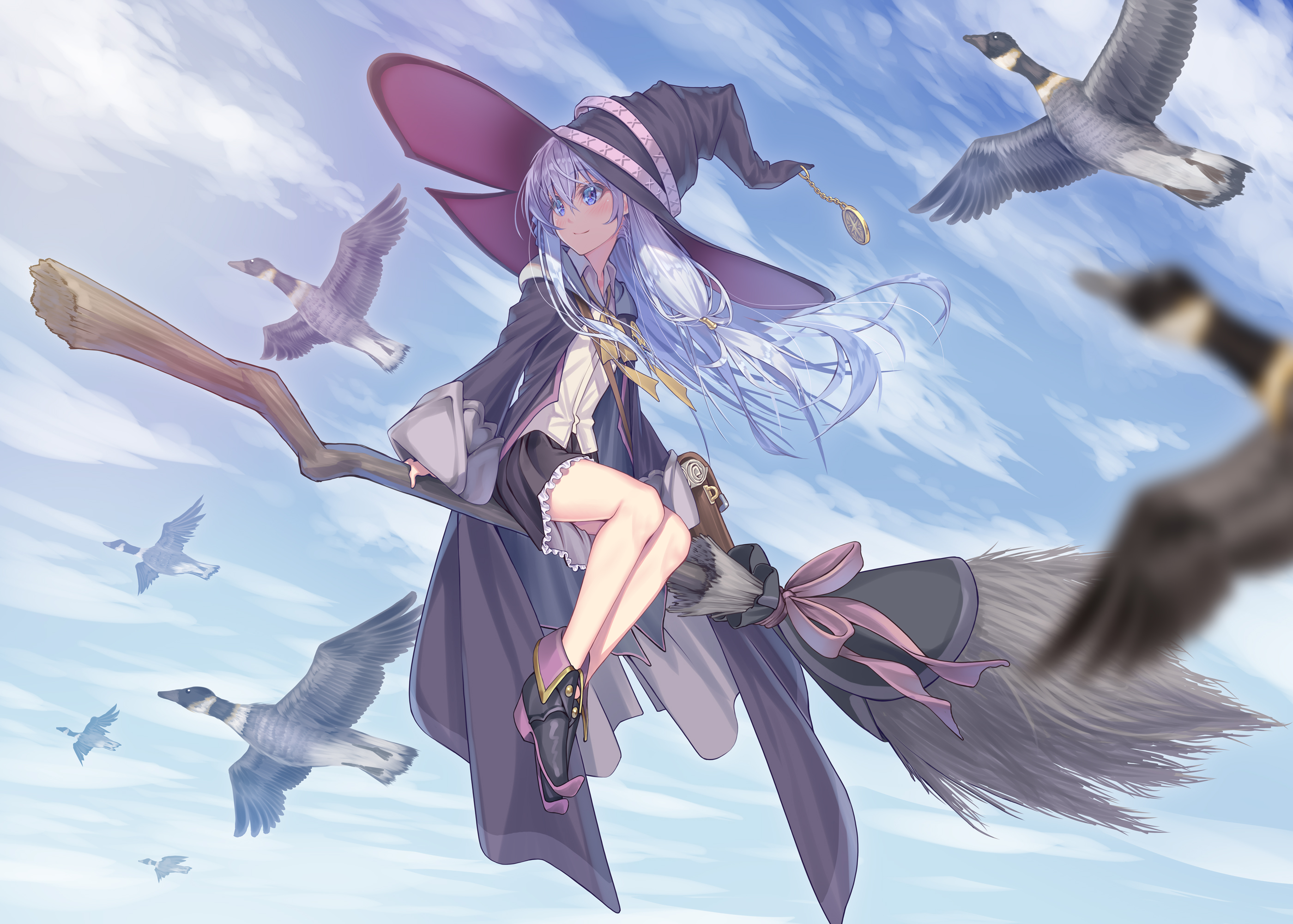 Anime 2800x2000 Elaina (Majo no Tabitabi) Majo no Tabitabi anime girls witch hat sky clouds animals geese long hair sitting witch's broom blue eyes blue hair smiling sunlight looking away witch
