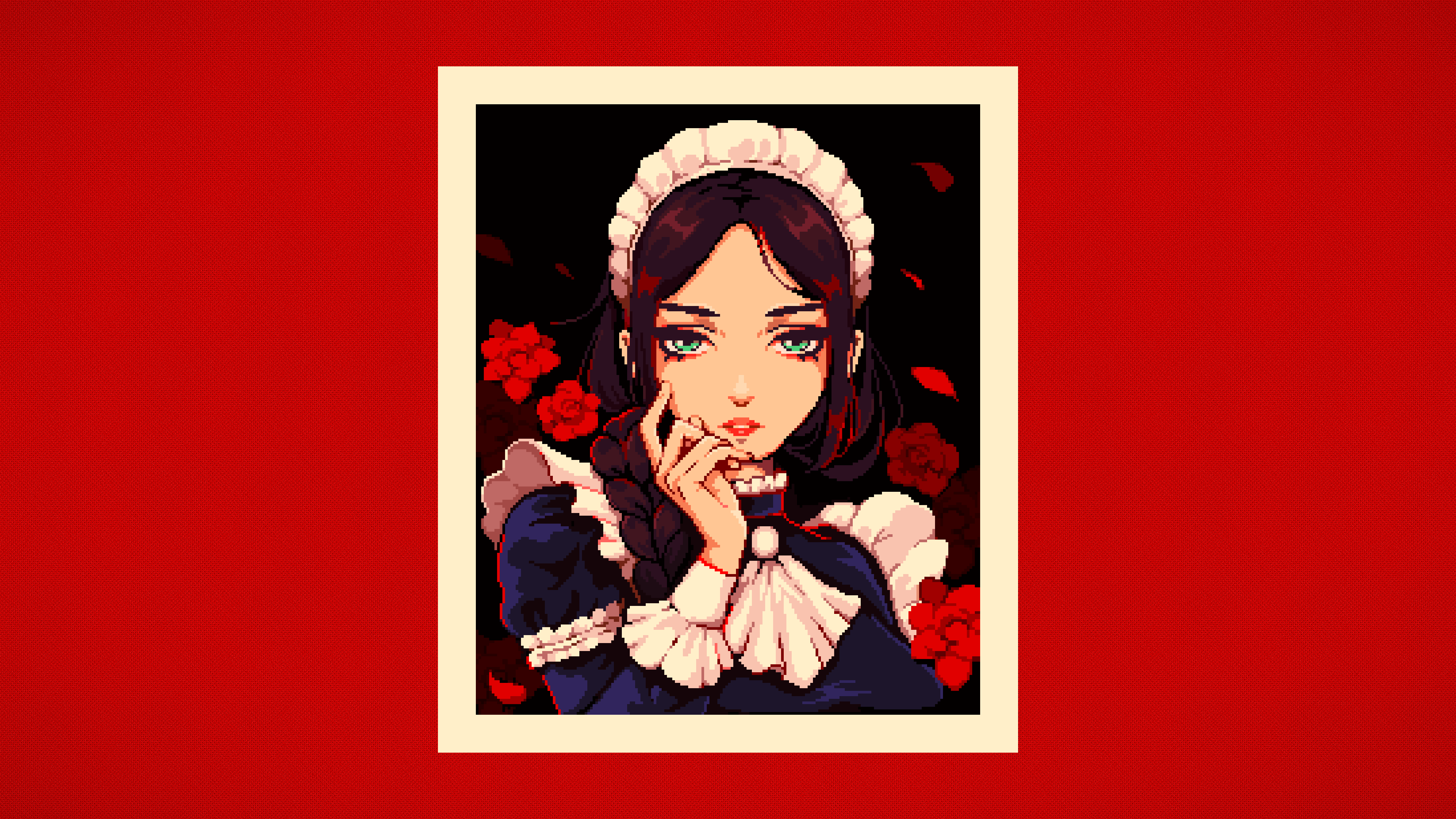 Anime 3840x2160 maid pixel art frills flowers petals frame red background brunette simple background green eyes rose cuffs