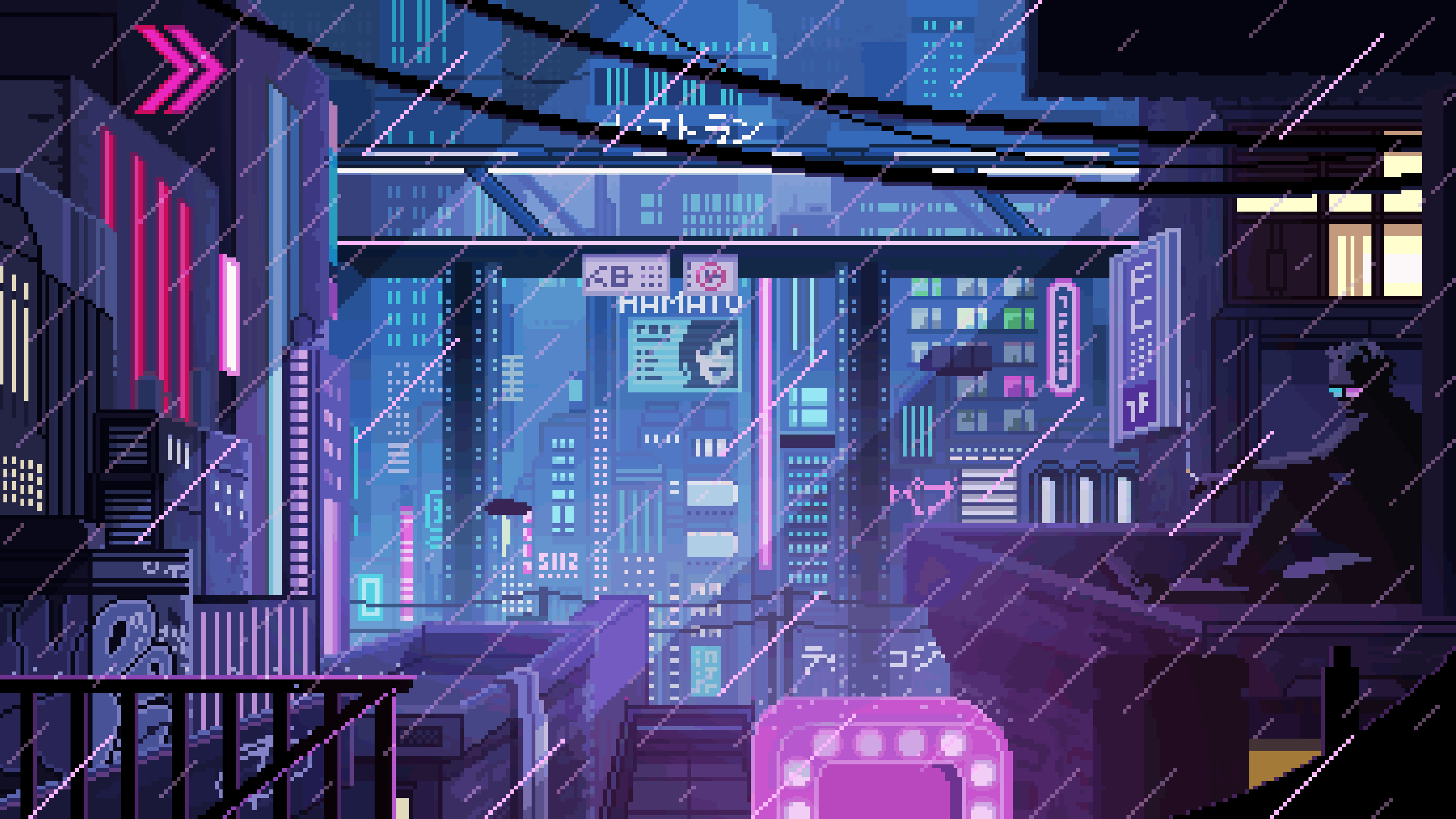 General 3840x2160 digital art pixel art pixelated pixels rain balcony night neon sitting urban cyberpunk building