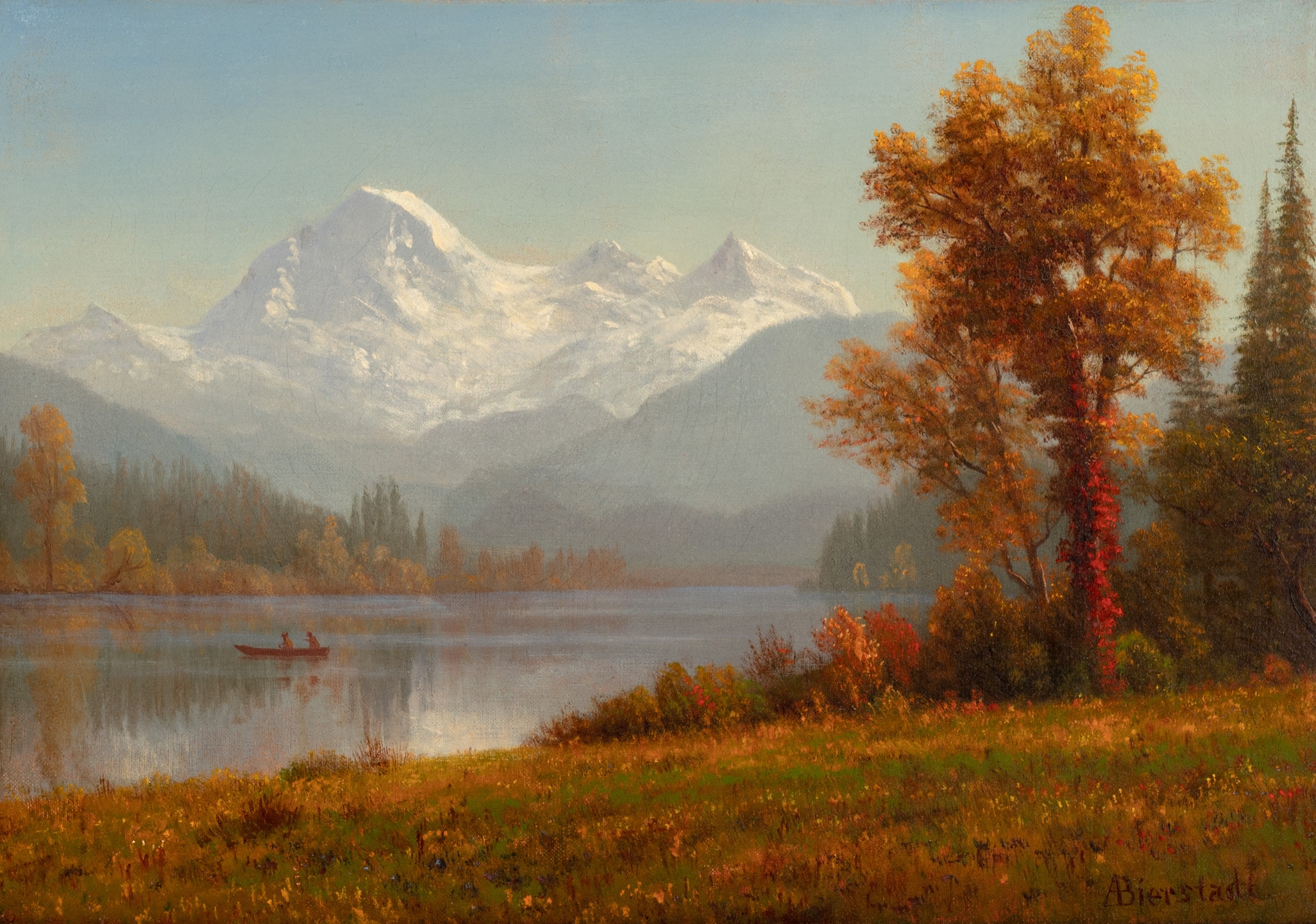 General 2052x1440 painting Albert Bierstadt mountains trees lake snowy peak nature fall boat landscape