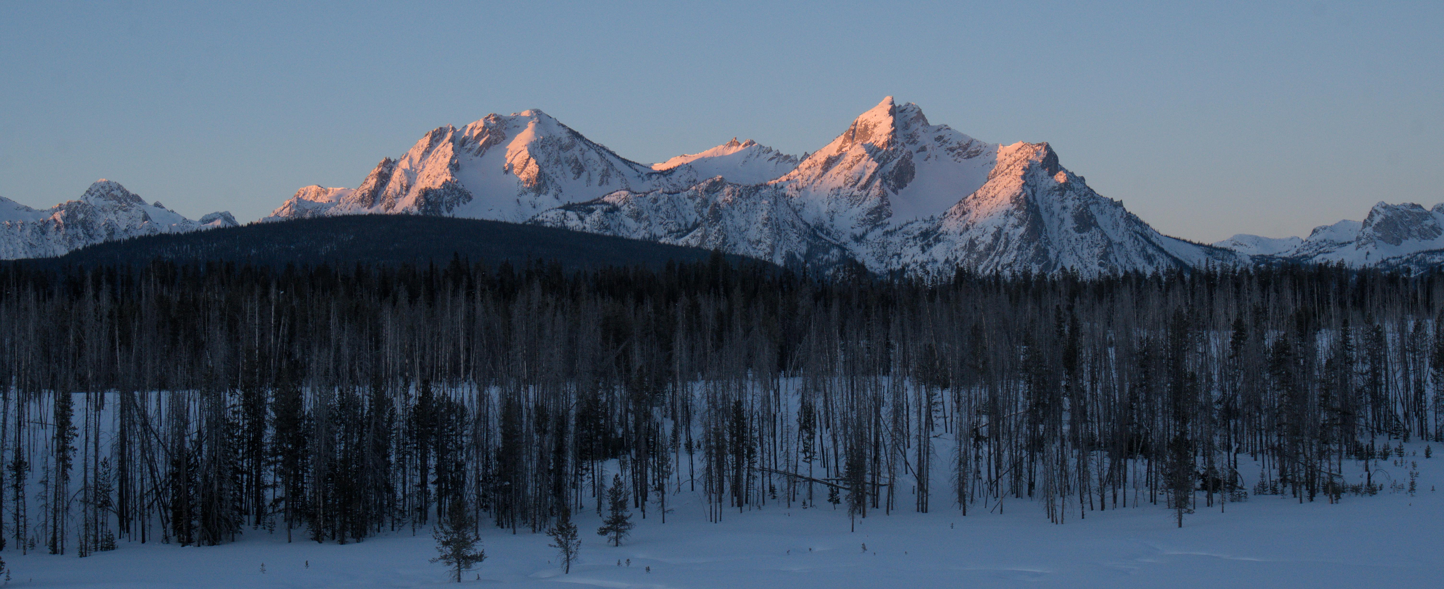 General 6020x2457 snow winter mountains landscape nature sunset Idaho USA North America forest pine trees