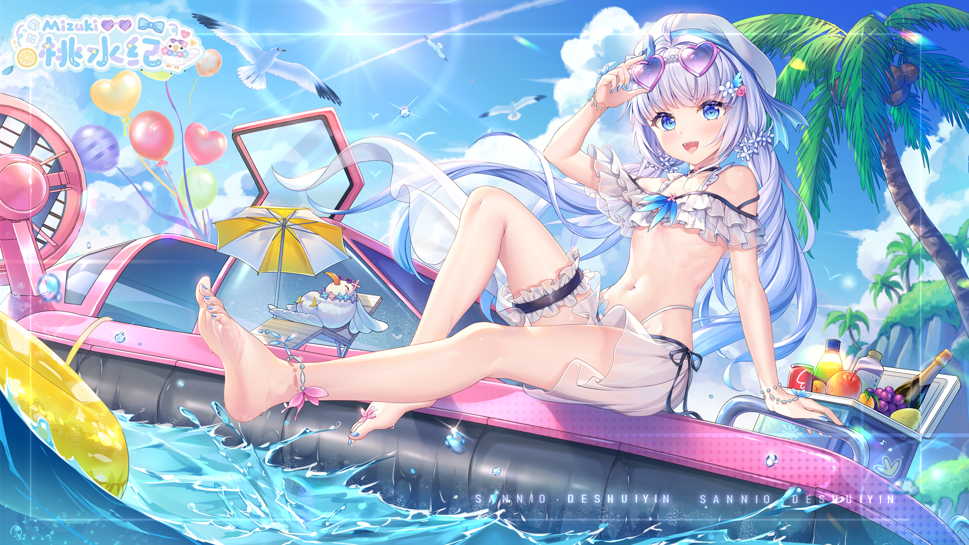 Anime 1920x1080 Xiang Tuizi white bikini white hair palm trees swimwear blue eyes sunglasses long hair heart-shaped glasses sky hair ornament water drops looking at viewer seagulls watermarked small boobs foot sole women outdoors beach umbrella twintails barefoot boat feet balloon birds water toes drink anklet cooler (box) thigh strap fruit hat bikini