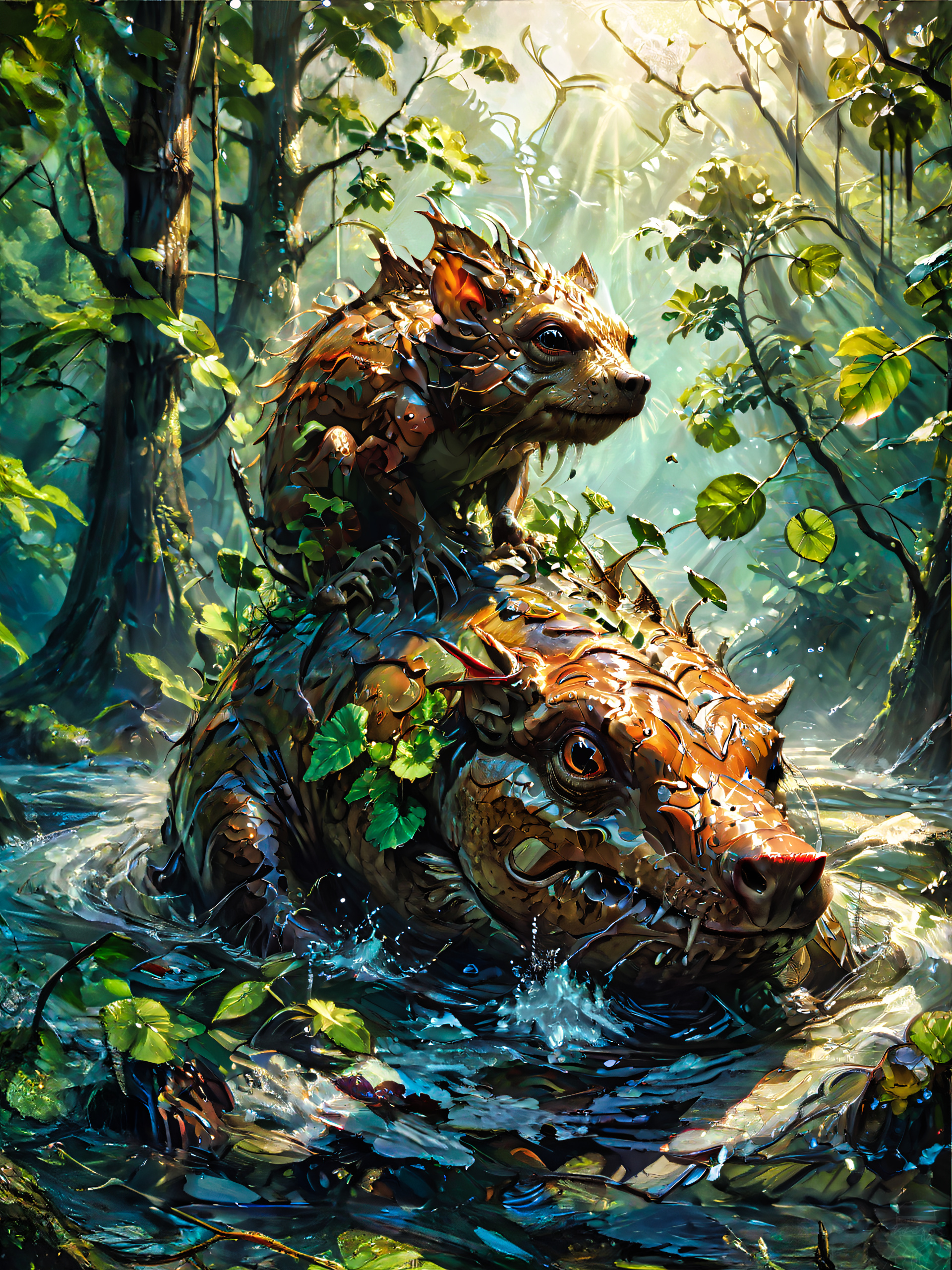 General 1920x2560 AI art digital art dar0z artwork painting animals jungle river water leaves sunlight sun rays