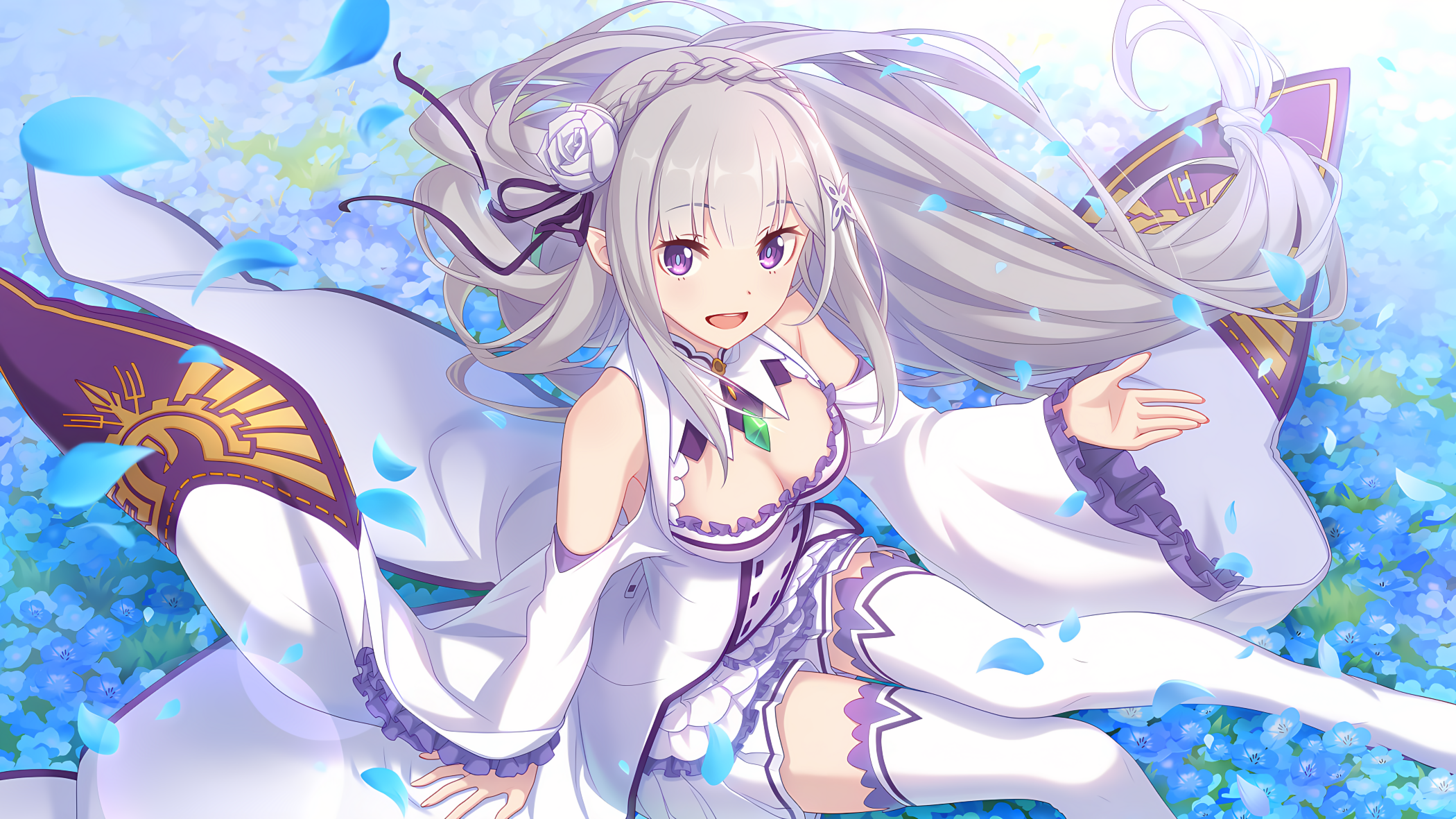Anime 2100x1181 anime anime girls Re:Zero Kara Hajimeru Isekai Seikatsu Emilia (Re: Zero) silver hair long hair looking at viewer flowers smiling sitting open mouth looking up thigh-highs white thigh highs petals wide sleeves sunlight flower in hair braids bare shoulders cleavage bright frills thighs pointy ears ribbon hair ornament boobs