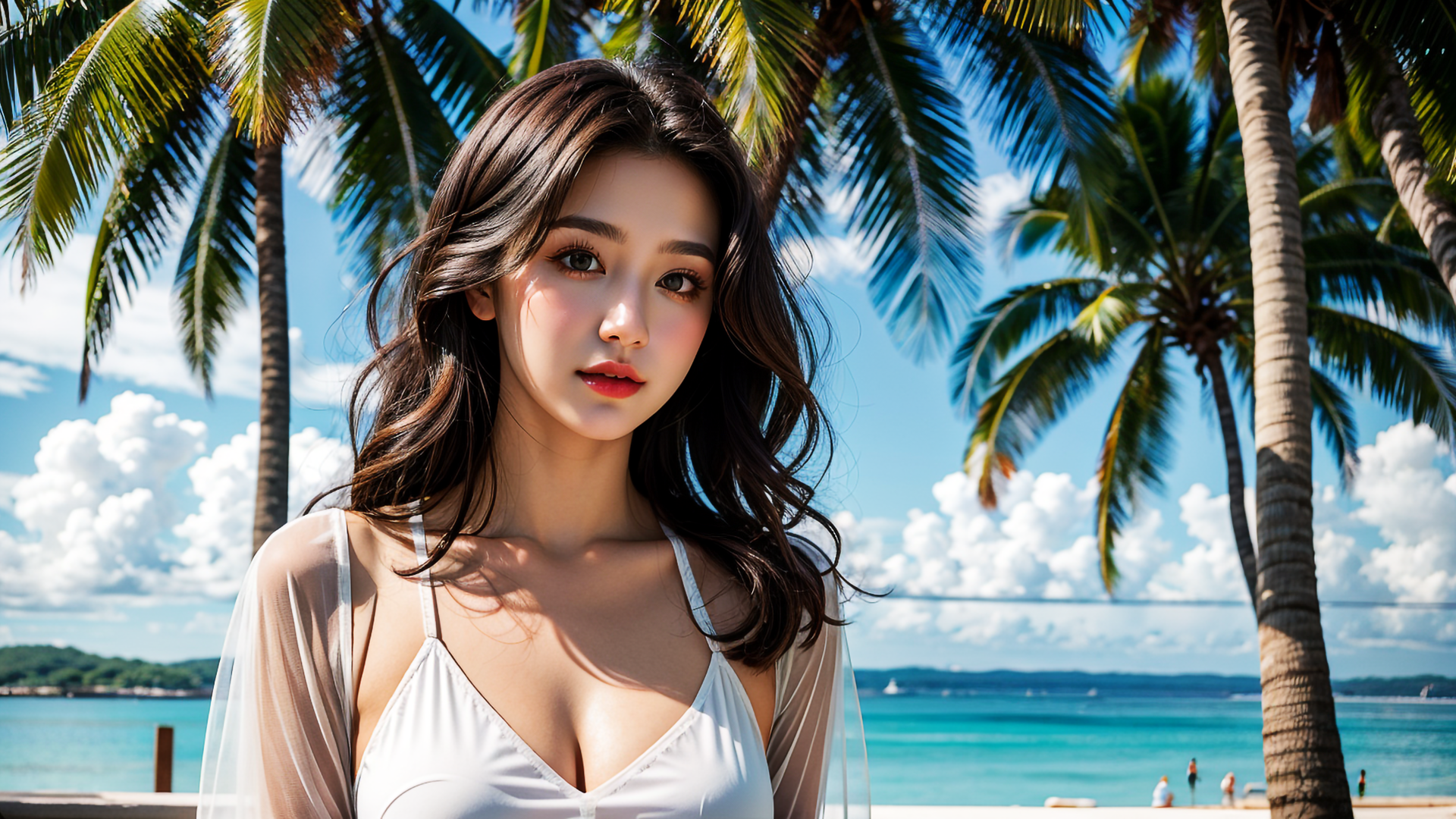 General 1920x1080 AI art women beach Asian palm trees clouds looking at viewer sunlight collarbone parted lips brunette brown eyes water wavy hair sky cleavage women outdoors red lipstick lipstick sea