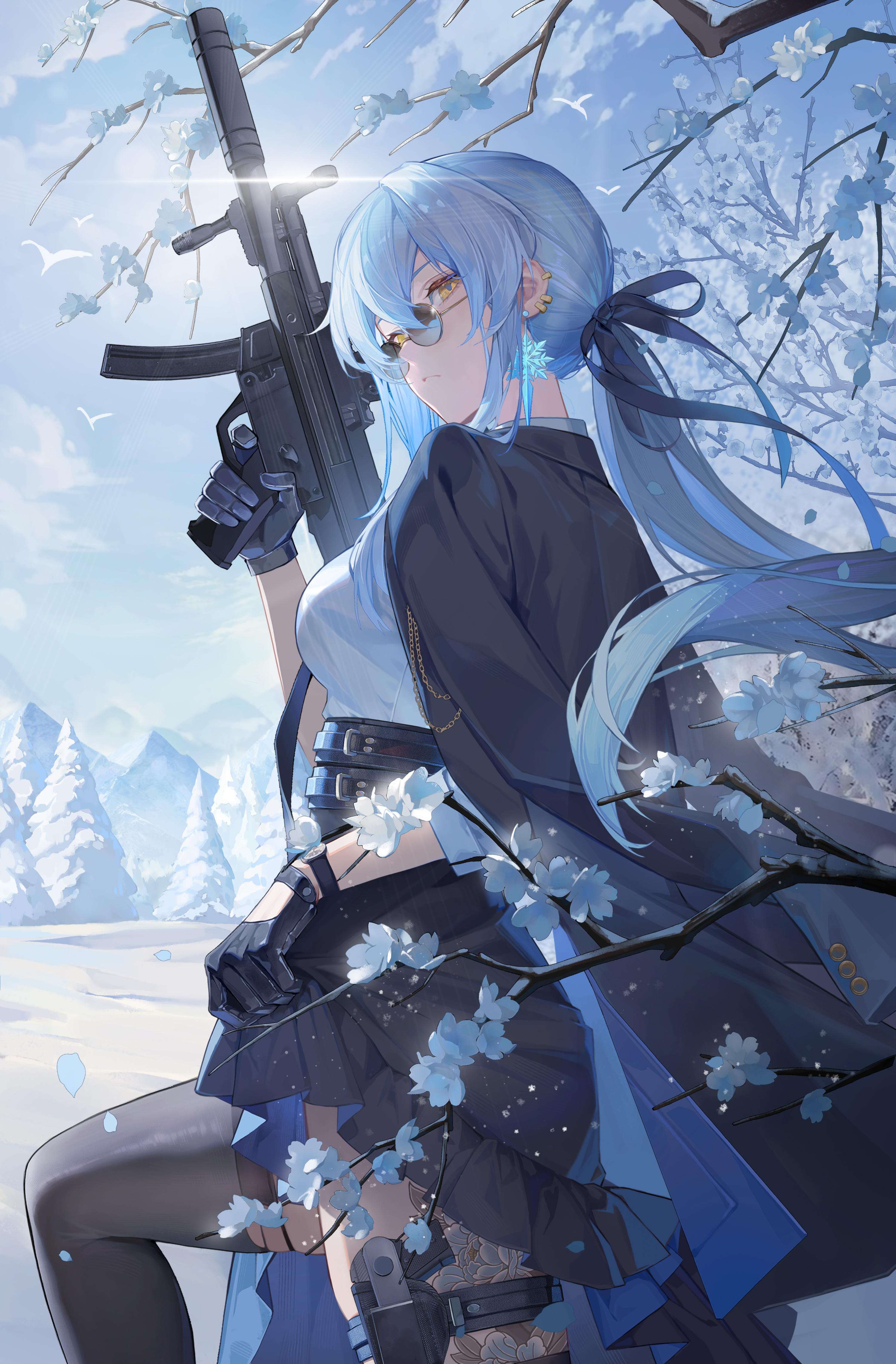 Anime 3000x4567 Snowbreak: Containment Zone portrait display Lyfe Bestla girls with guns black coat looking at viewer gloves yellow eyes sunglasses blue hair thigh-highs women outdoors sky hair ribbon blue ribbons snow closed mouth