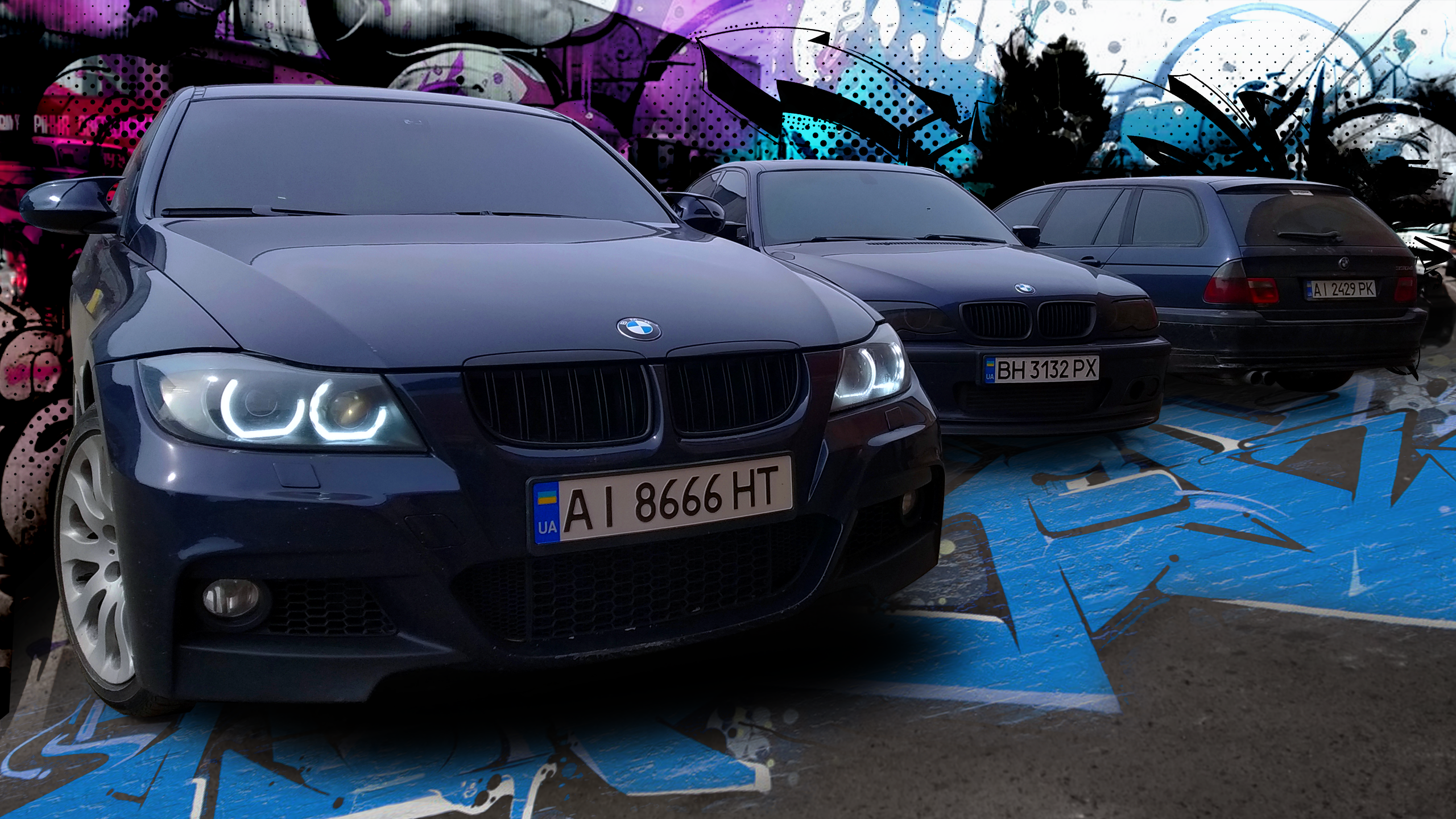 General 2560x1440 BMW vehicle car BMW E90 BMW E46 blue graffiti street art