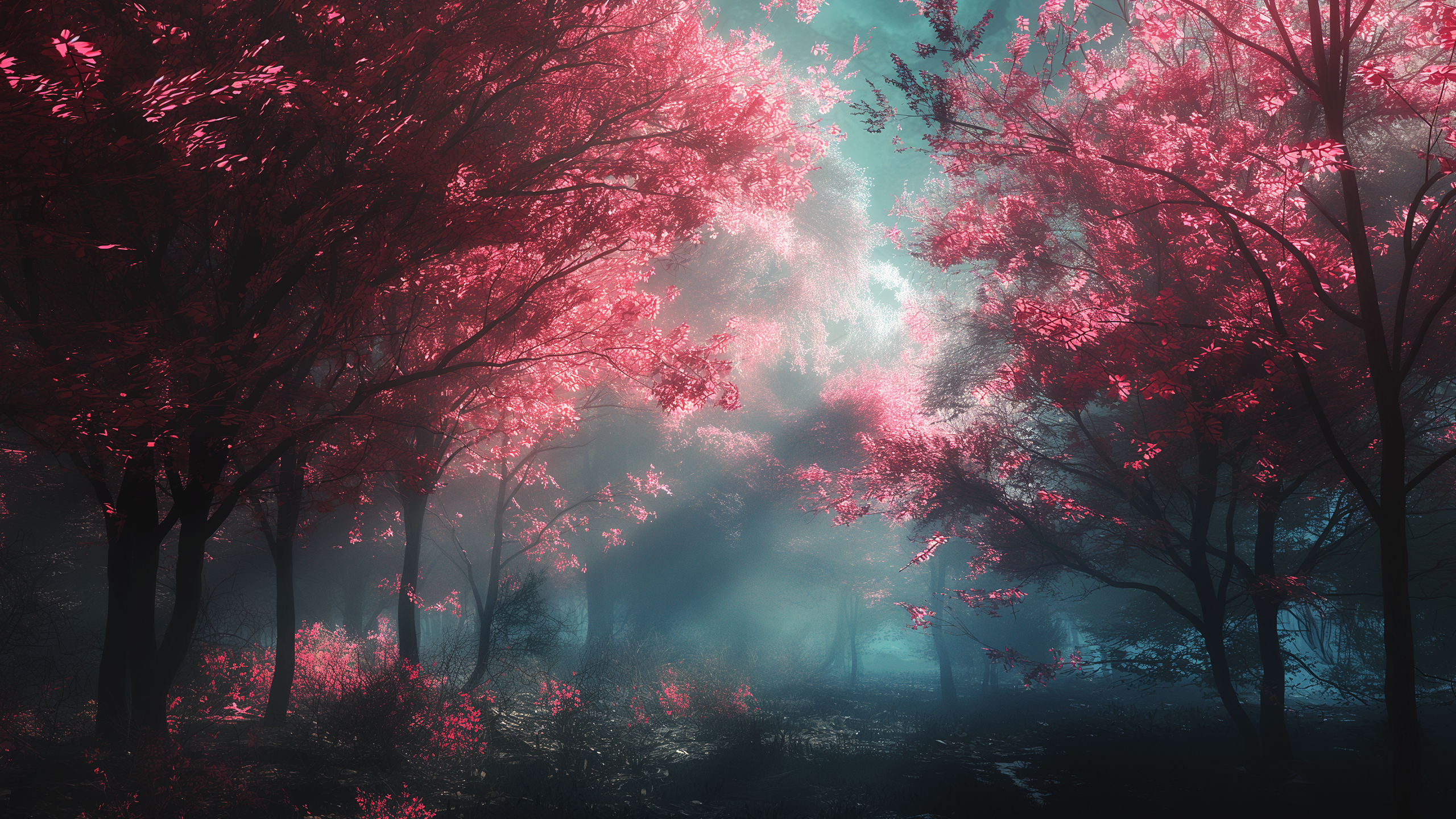 General 2560x1440 AI art pink trees forest fog mist Mystery Midjourney