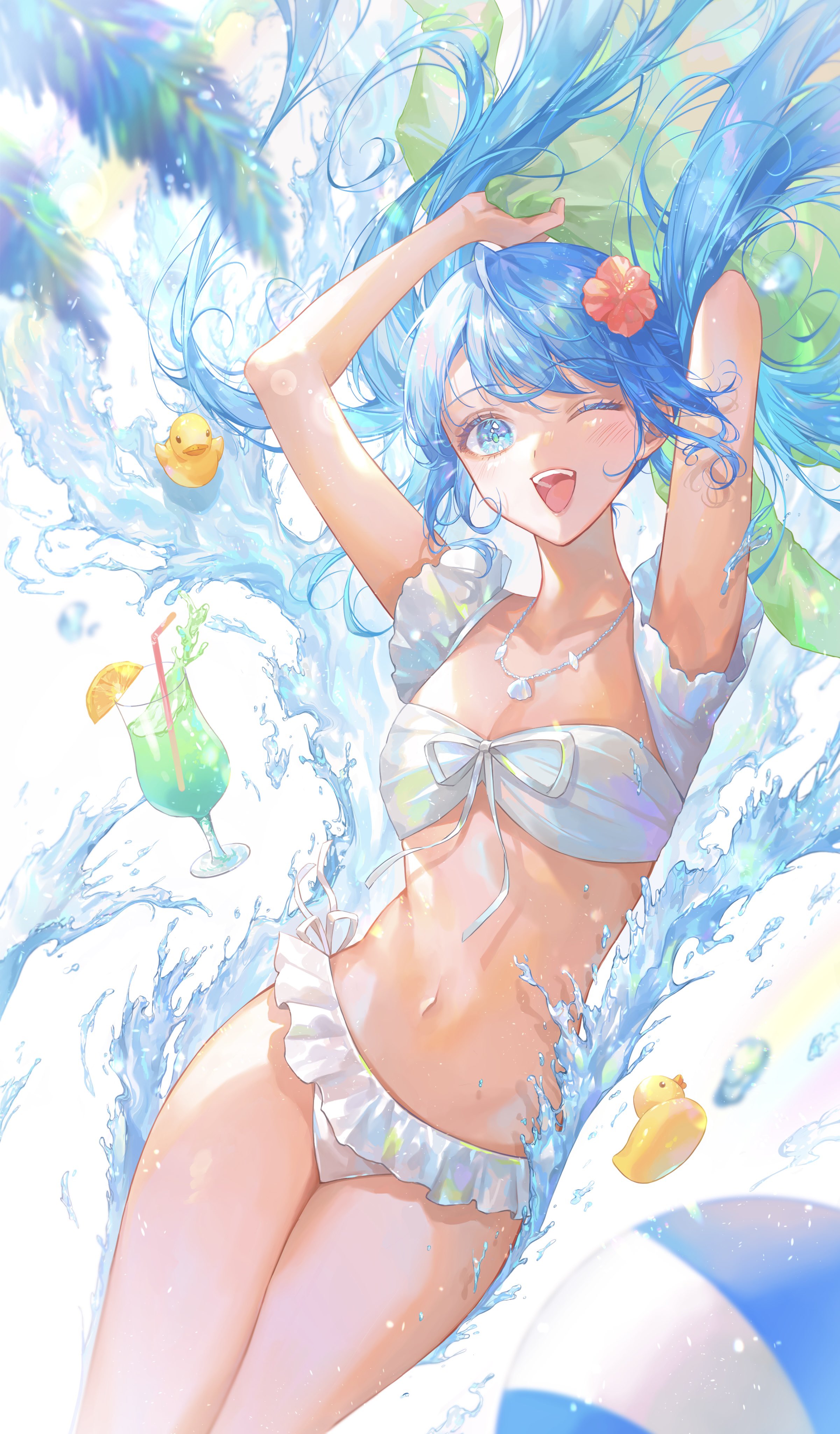 Anime 2401x4096 Vocaloid Hatsune Miku portrait display long hair looking at viewer wink one eye closed bikini white bikini open mouth white swimsuit cocktails flower in hair water drops hibiscus Kinakomocci518 rubber ducks swimwear arms up drinking straw beach ball blue eyes twintails blue hair water small boobs