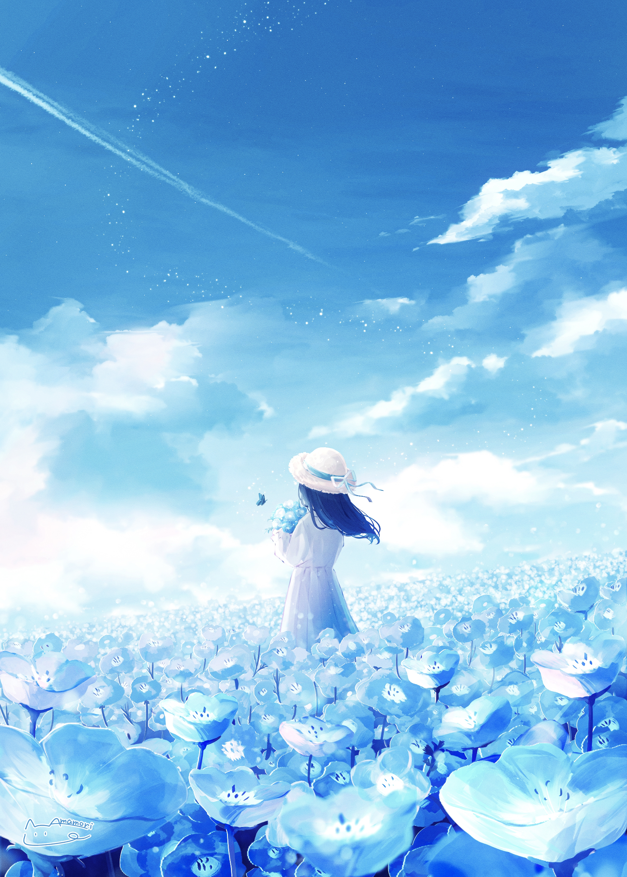 Anime 2000x2800 Amenomori Howa flowers white dress dark hair sun hats nemophila bouquet butterfly hat floating particles women outdoors sky clouds windy field