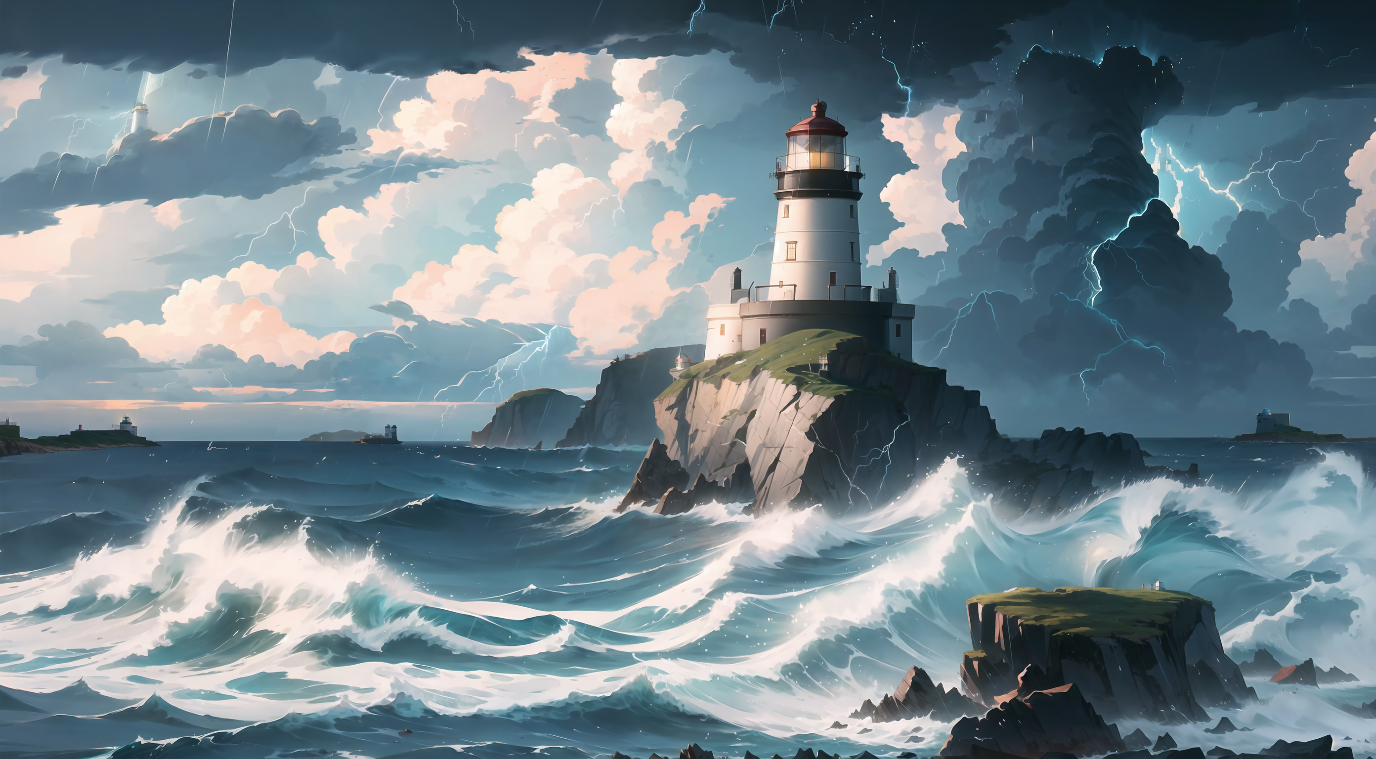 General 2784x1536 AI art lighthouse waves water clouds lightning sky sea nature