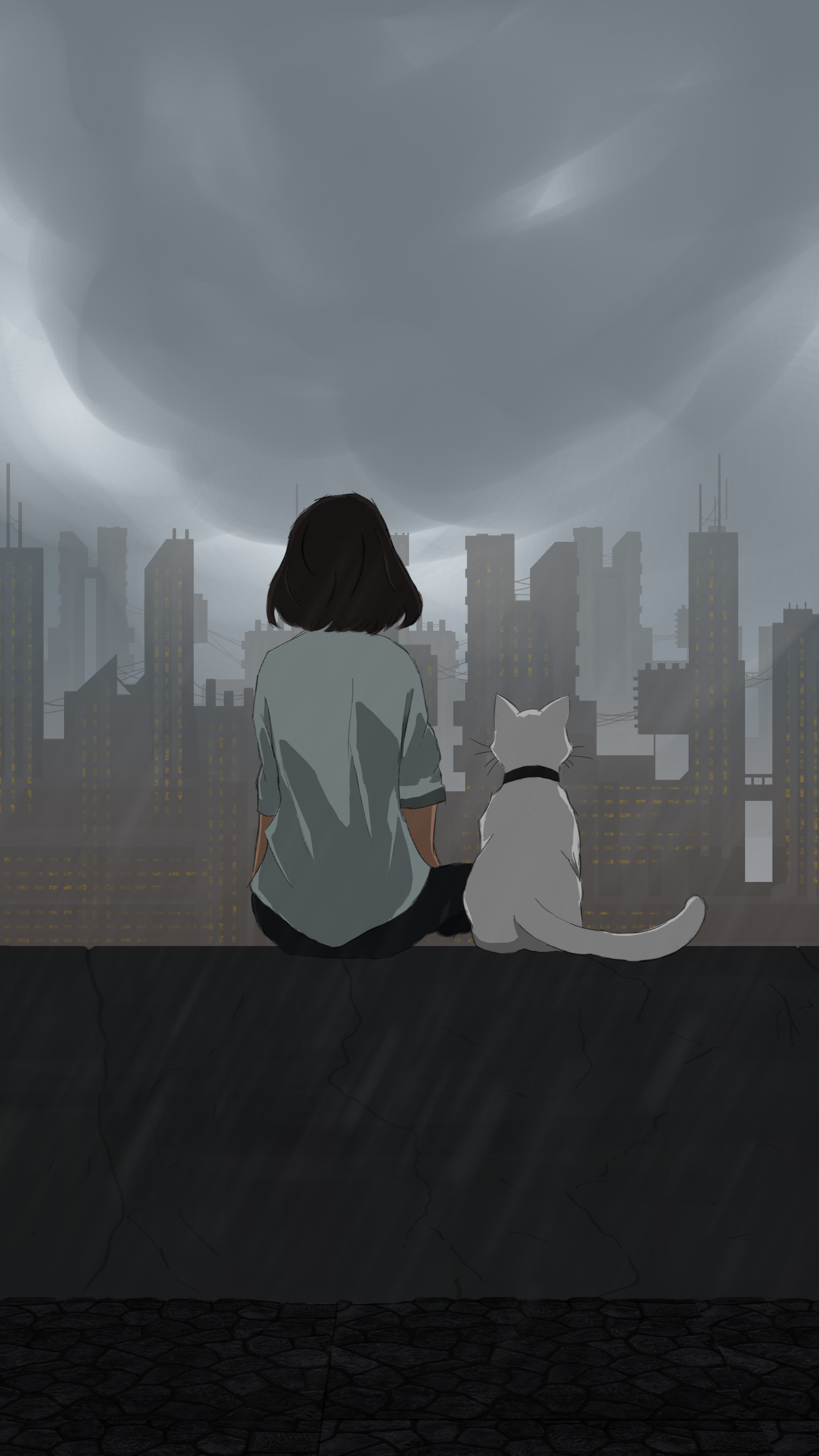 Anime 2160x3840 building Chill Out women digital art portrait display rain overcast clouds city looking into the distance cityscape sitting short hair short sleeves animals cats dark hair looking away anime girls whiskers