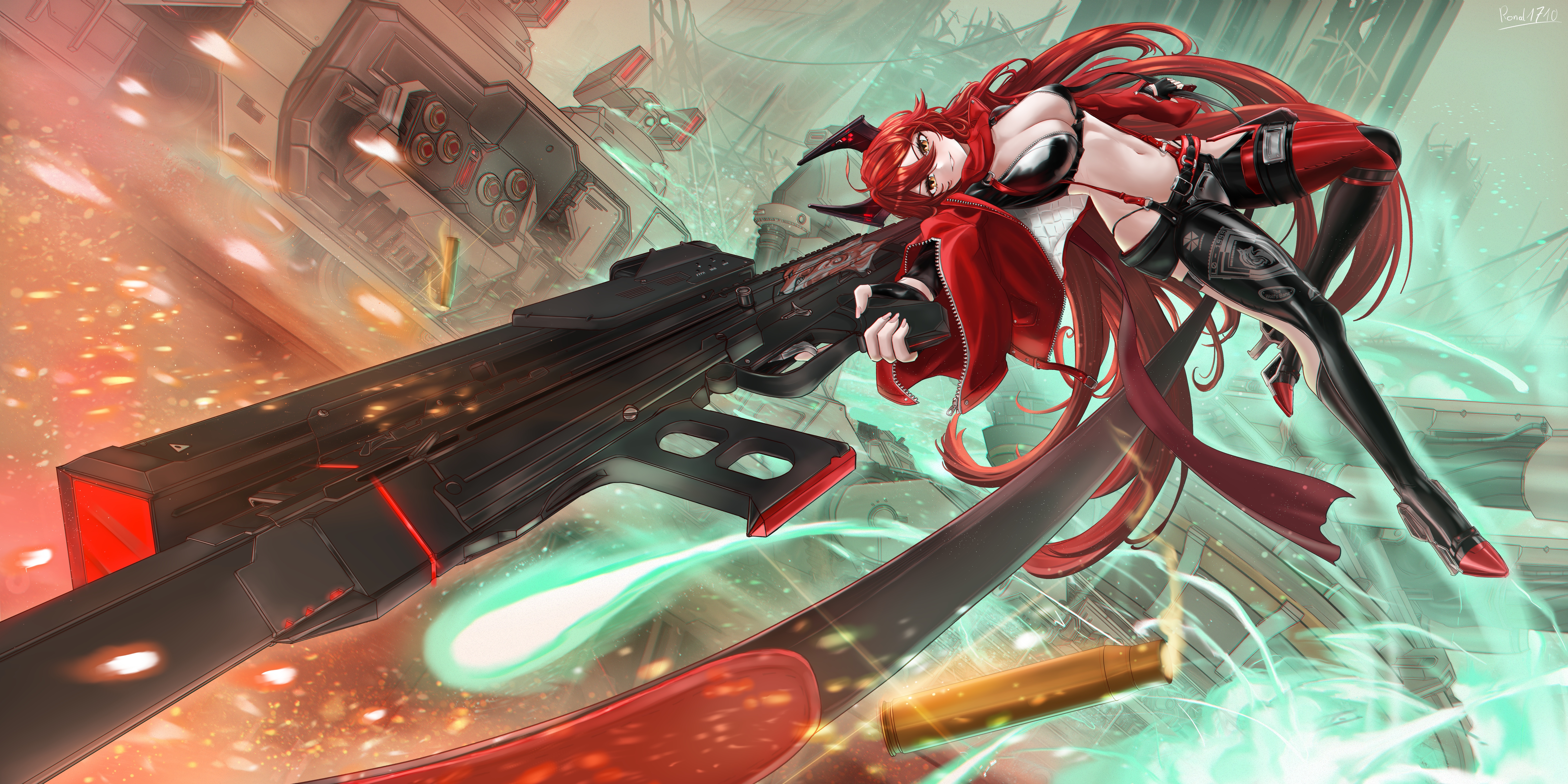 Anime 8000x4000 anime girls video games Nikke: The Goddess of Victory Ronal1710 garter (cloth) gun heels horns no bra Snow White (Nikke) Red Hood (Nikke) redhead girls with guns long hair smiling looking at viewer cleavage big boobs ammunition yellow eyes jacket aiming