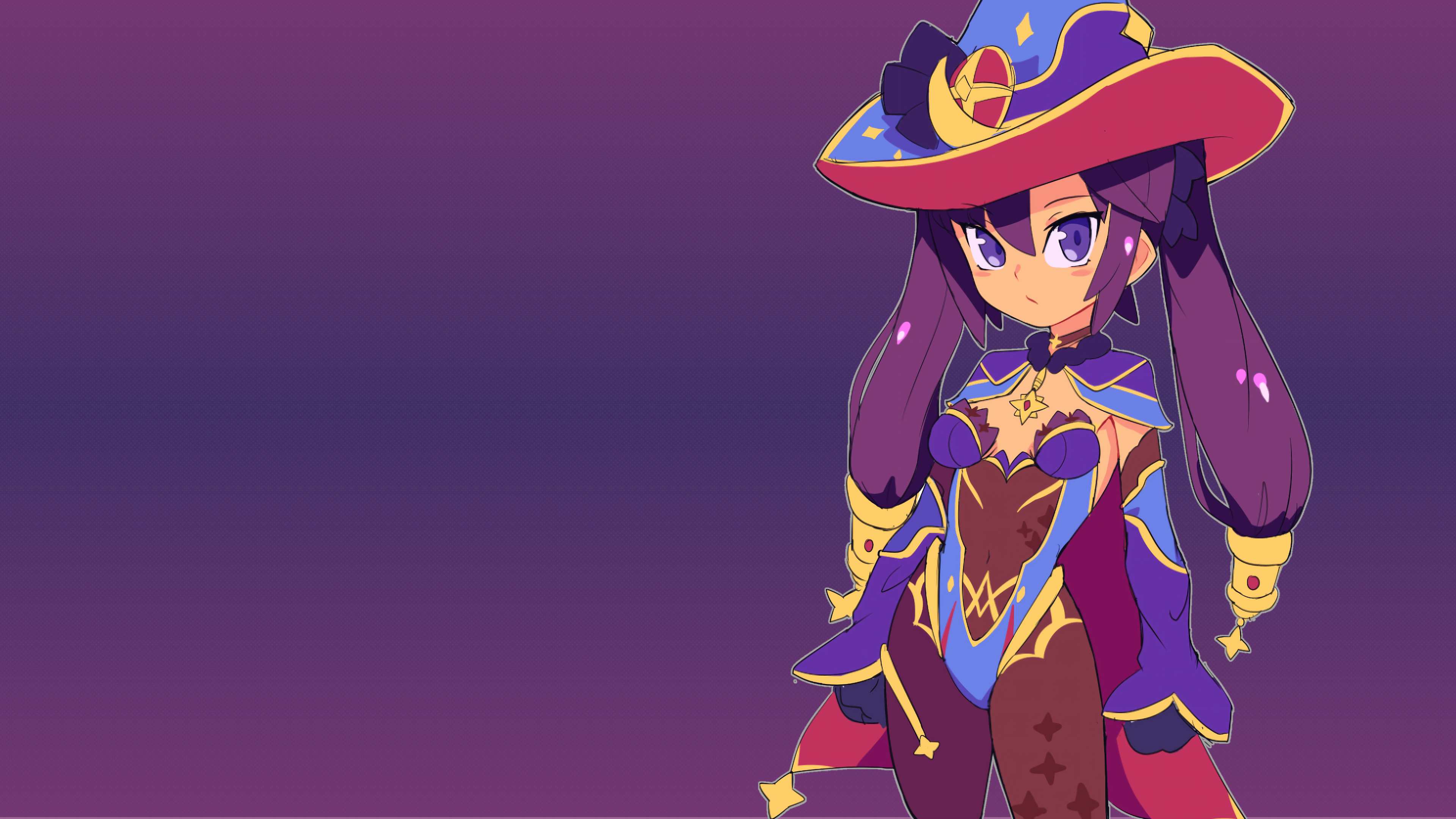 Anime 3840x2160 Mona (Genshin Impact) cleavage long hair bangs purple hair wide-brimmed hat witch witch hat leotard purple eyes pantyhose Genshin Impact chibi sheer clothing twintails tight clothing video games video game girls boobs hair ornament cape looking at viewer standing simple background hat minimalism