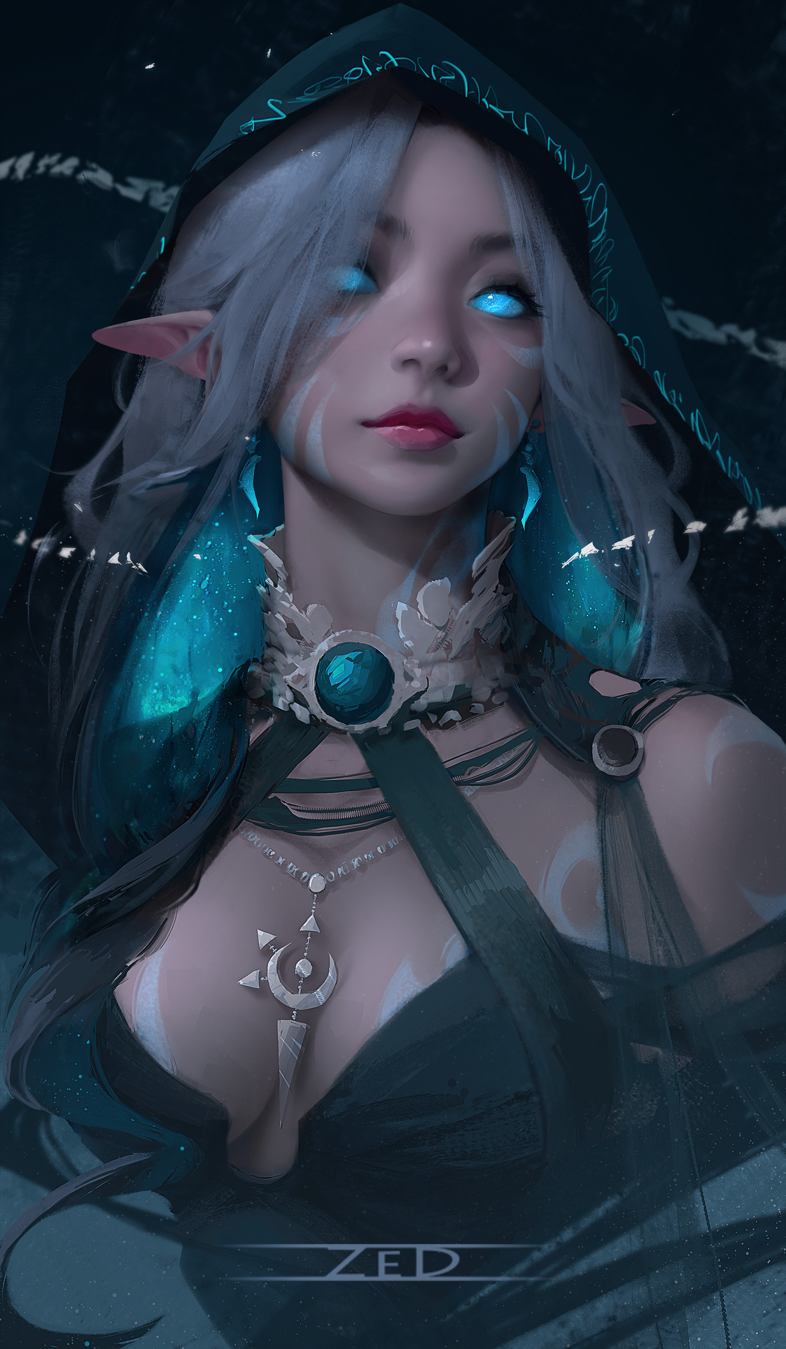 General 2500x4291 Trungbui digital art artwork illustration women fantasy girl pointy ears elves neckline necklace earring portrait gray hair portrait display looking at viewer signature long hair glowing eyes closed mouth blue eyes