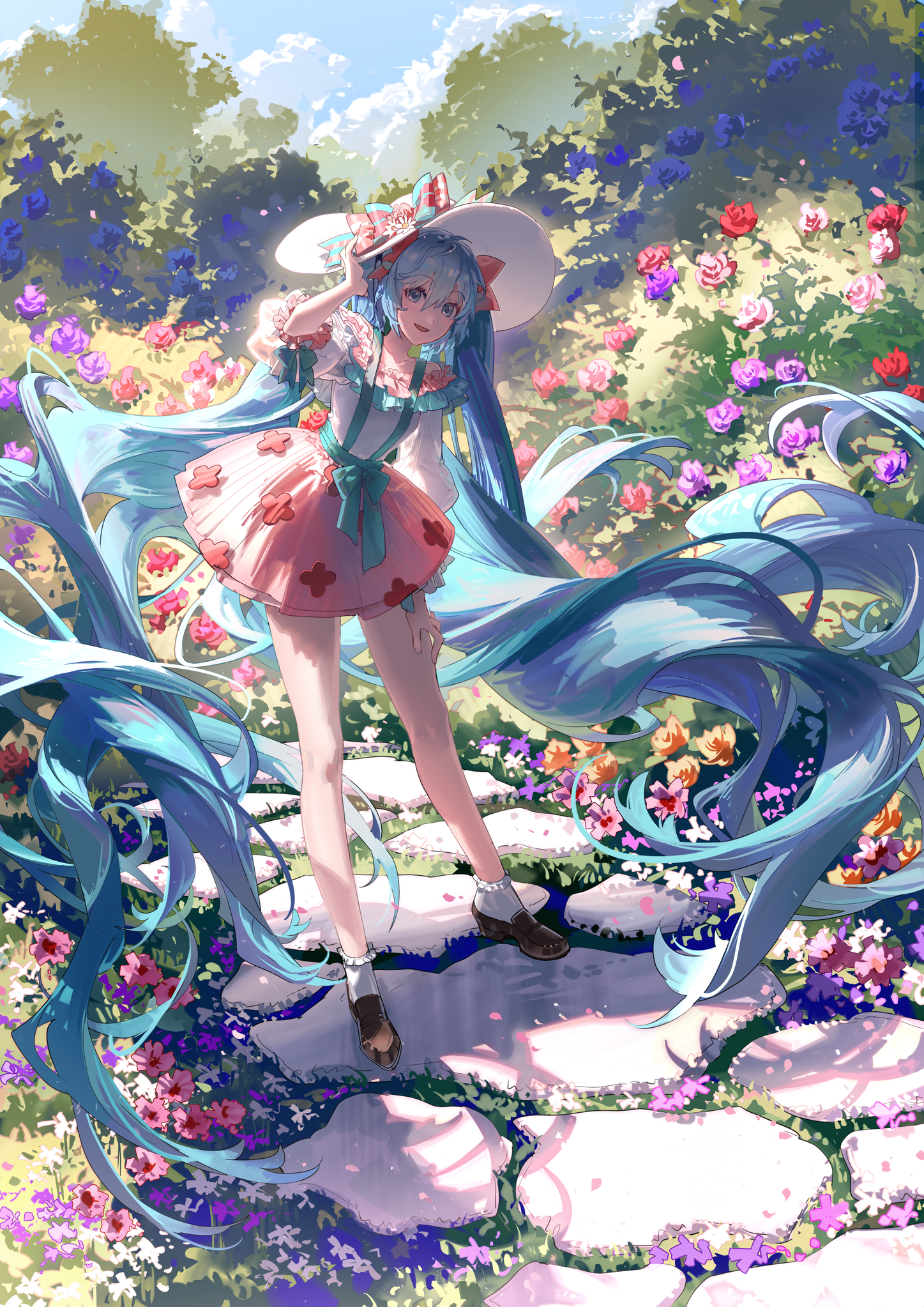 Anime 1447x2046 anime Pixiv anime girls Vocaloid Hatsune Miku sun hats path flowers blue hair blue eyes long hair twintails standing clouds sunlight dress portrait display Shuno (artist)