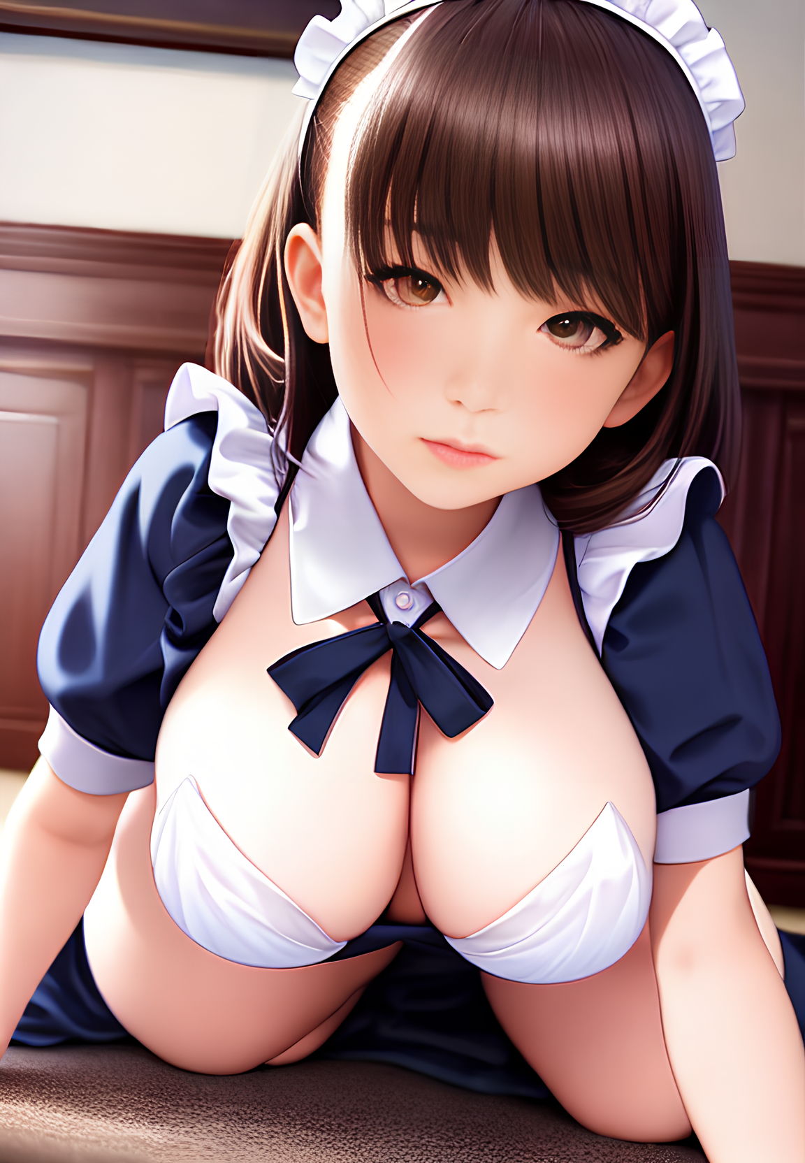 General 1152x1664 panwho AI art maid Asian portrait display digital art women hanging boobs cleavage looking at viewer brunette brown eyes bent over maid outfit