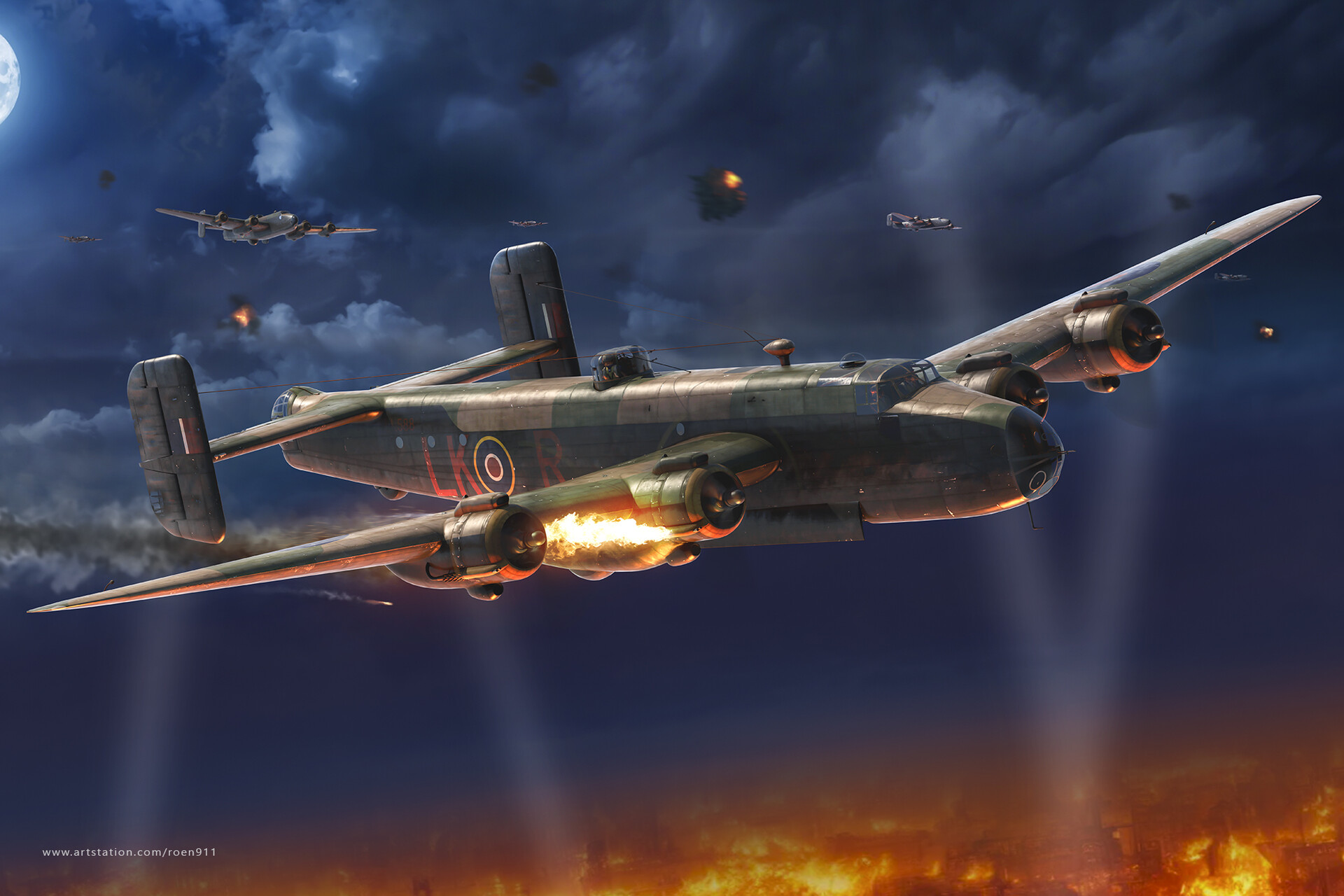 General 1920x1280 Handley Page Handley Page Halifax World War II Royal Air Force Bomber military aircraft clouds air force sky flying night Moon moonlight watermarked fire Antonis Karidis