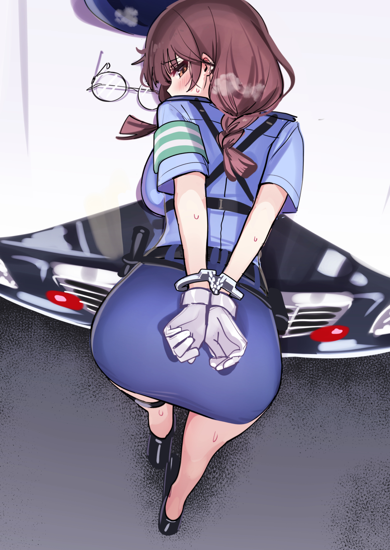 Anime 1254x1771 anime anime girls portrait display bent over handcuffed gloves looking back blushing glasses looking at viewer police women sweat sweatdrop braids ass Eternal Return
