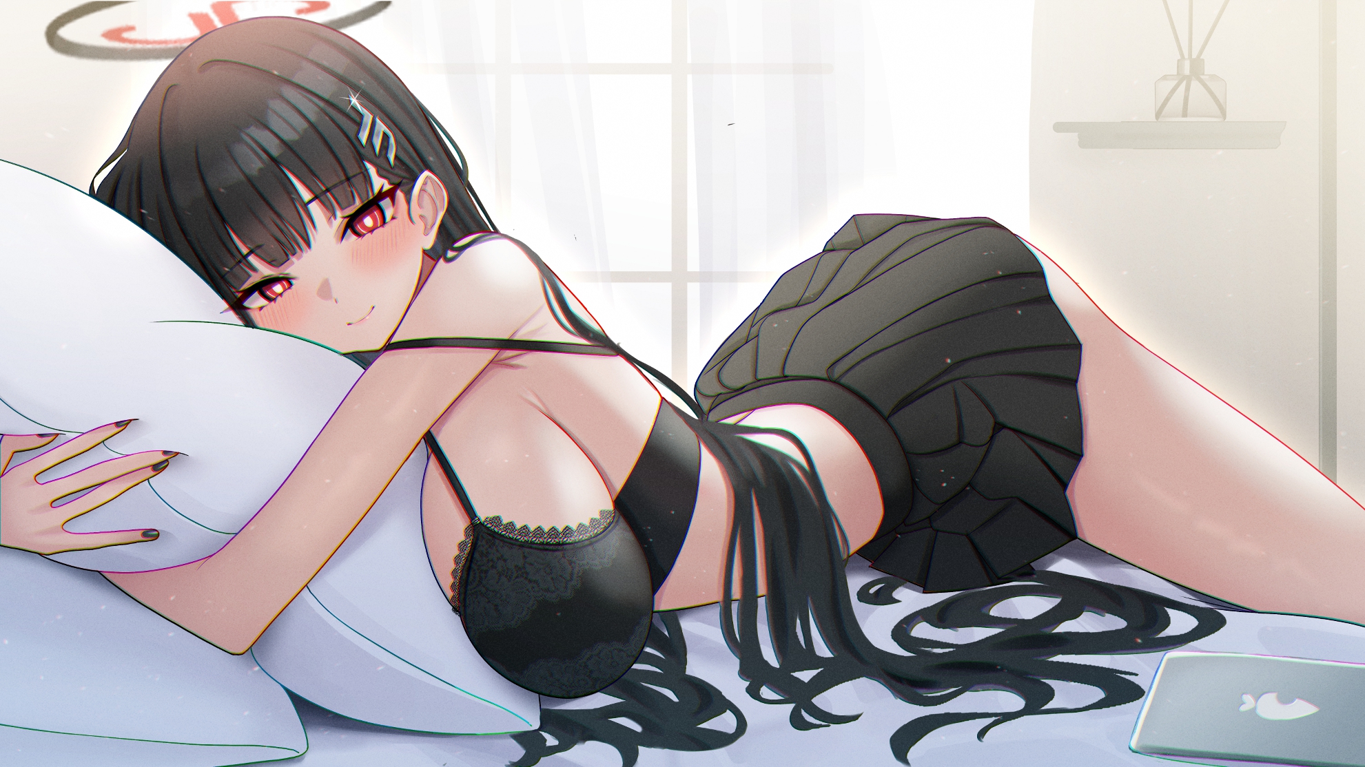 Anime 1981x1114 red eyes long hair black hair black bras boobs looking at viewer bed black skirts pillow Blue Archive Tsukatsuki Rio smiling lying down lying on front bra blushing in bed anime girls window sunlight Mizikayo3028 closed mouth skirt