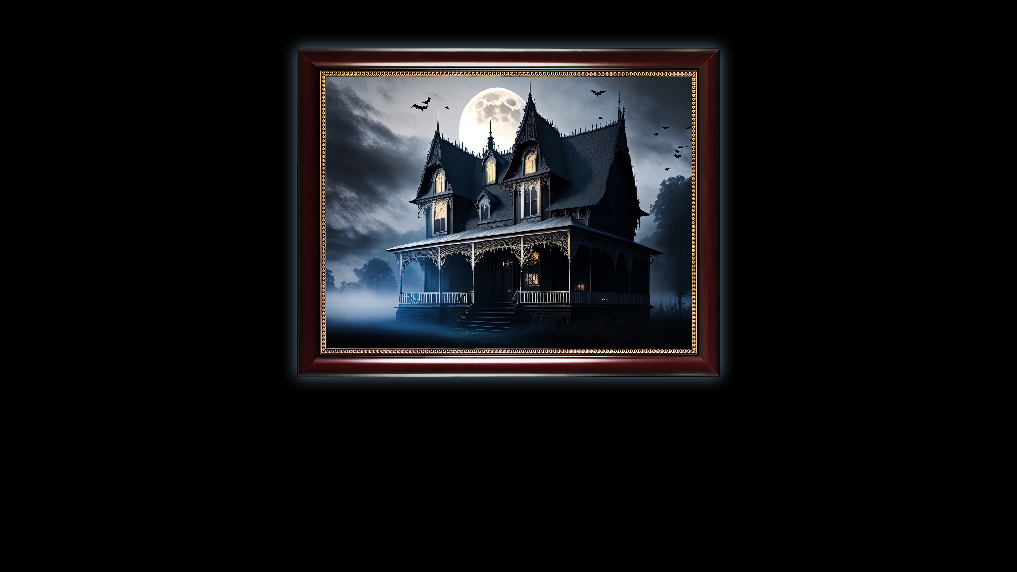 General 3840x2160 AI art house dark haunted mansion Moon sky bats clouds digital art minimalism simple background trees black background stairs picture frames night