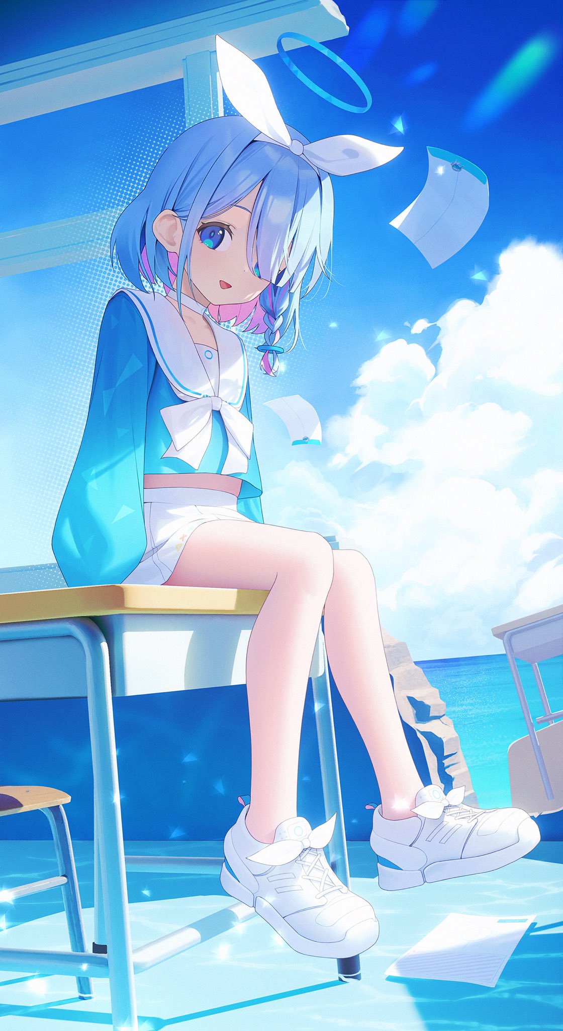 Anime 1120x2048 Arona (Blue Archive) portrait display blue hair blue eyes clouds anime girls anime games short hair Blue Archive schoolgirl school uniform sailor uniform sitting skirt desk sky looking at viewer water two tone hair paper choker open mouth sunlight shoes loli
