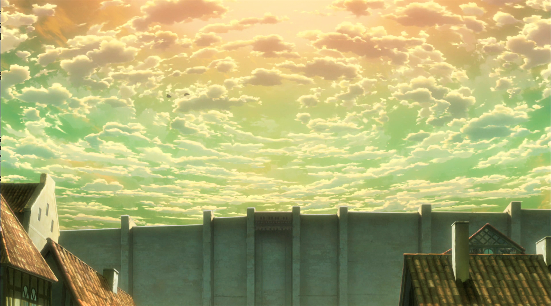 Anime 1918x1065 Shingeki no Kyojin sky clouds sunset house chimneys birds sunlight sunset glow anime anime screenshot