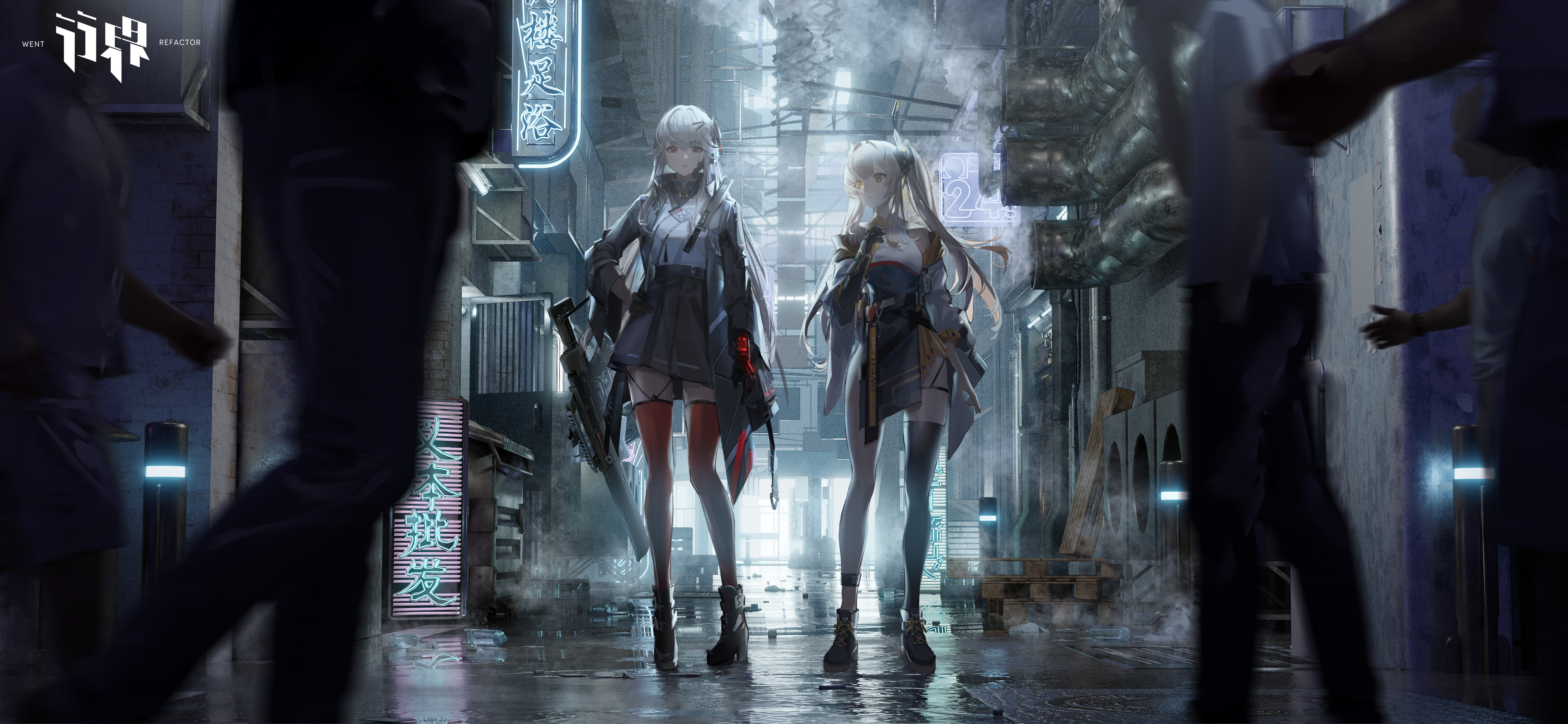 Anime 5602x2587 anime anime girls Pixiv standing gun girls with guns gloves hands on hips twintails long hair looking at viewer neon sign Japanese military uniform city cyberpunk WENT (Game) concrete