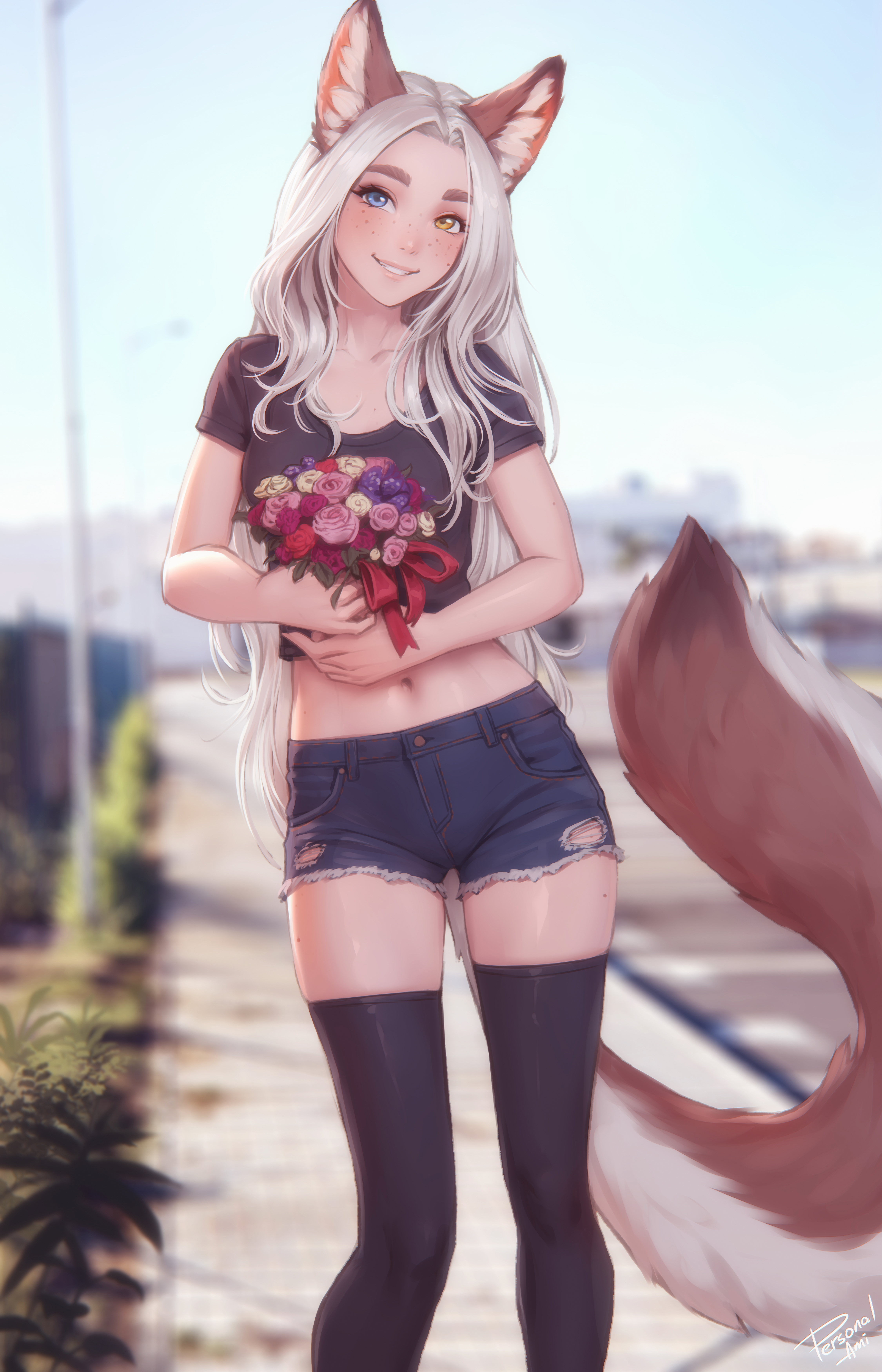 Anime 4500x7000 Losse (OC) fantasy girl anime original characters animal ears heterochromia flowers artwork drawing Personal ami portrait display anime girls looking at viewer standing outdoors women outdoors blushing stockings fox girl jean shorts fox tail leaves signature fox ears