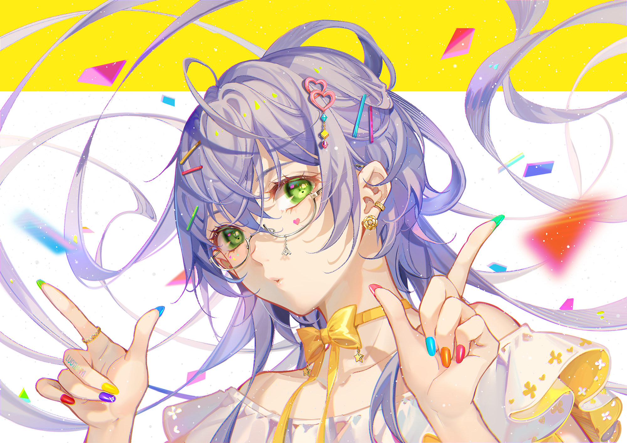 Anime 2000x1415 anime anime girls Pixiv Luo Tianyi (vocaloid) Vocaloid China long hair looking at viewer confetti painted nails green eyes earring hair ornament long nails minimalism simple background glasses choker bare shoulders dress purple hair rings
