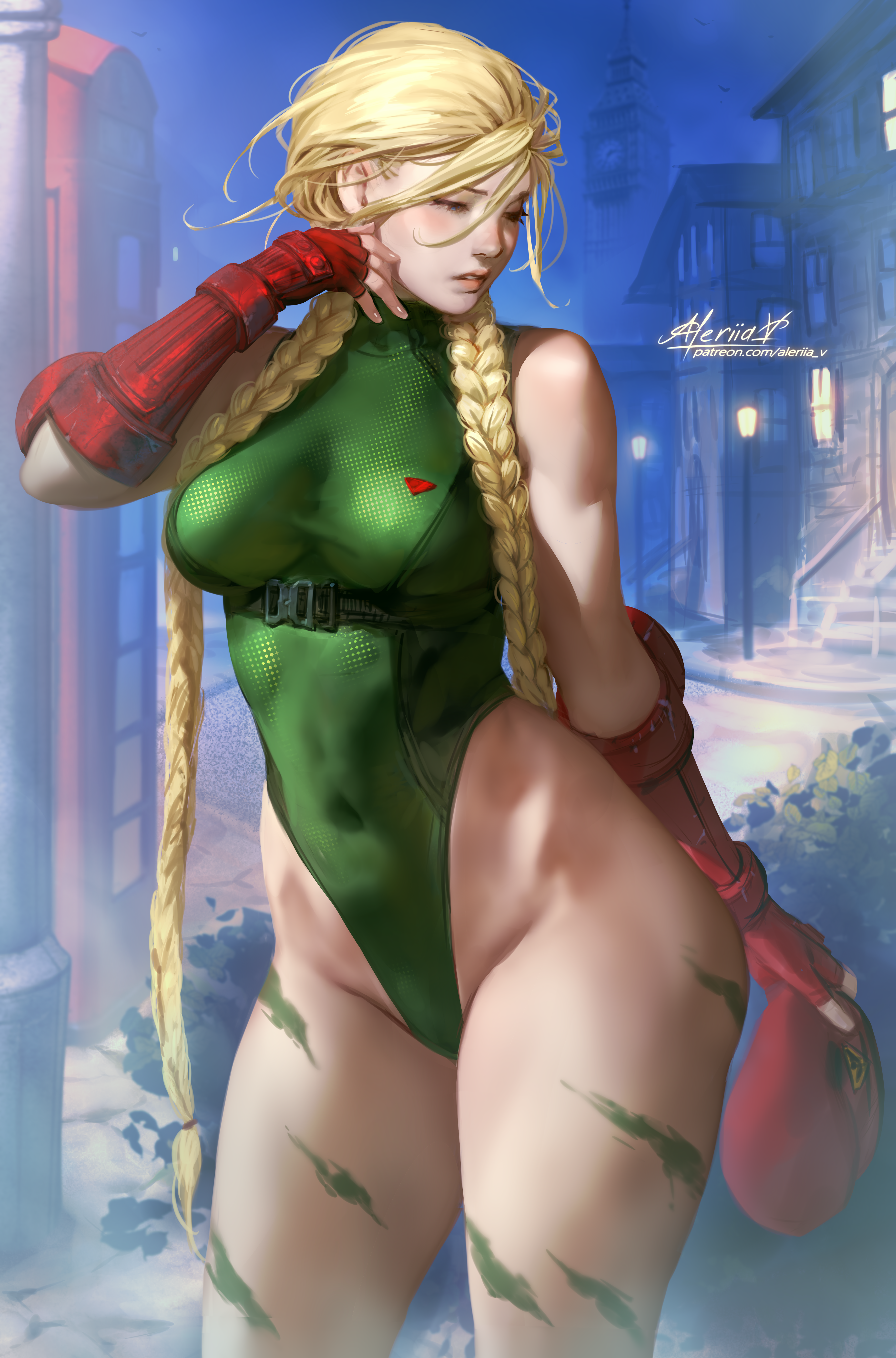 General 3672x5564 Cammy White Street Fighter video games Fighting Games braids blonde long hair artwork drawing fan art Lera Pi video game girls standing signature watermarked portrait display gloves looking away parted lips street light building video game characters hat twintails phone box