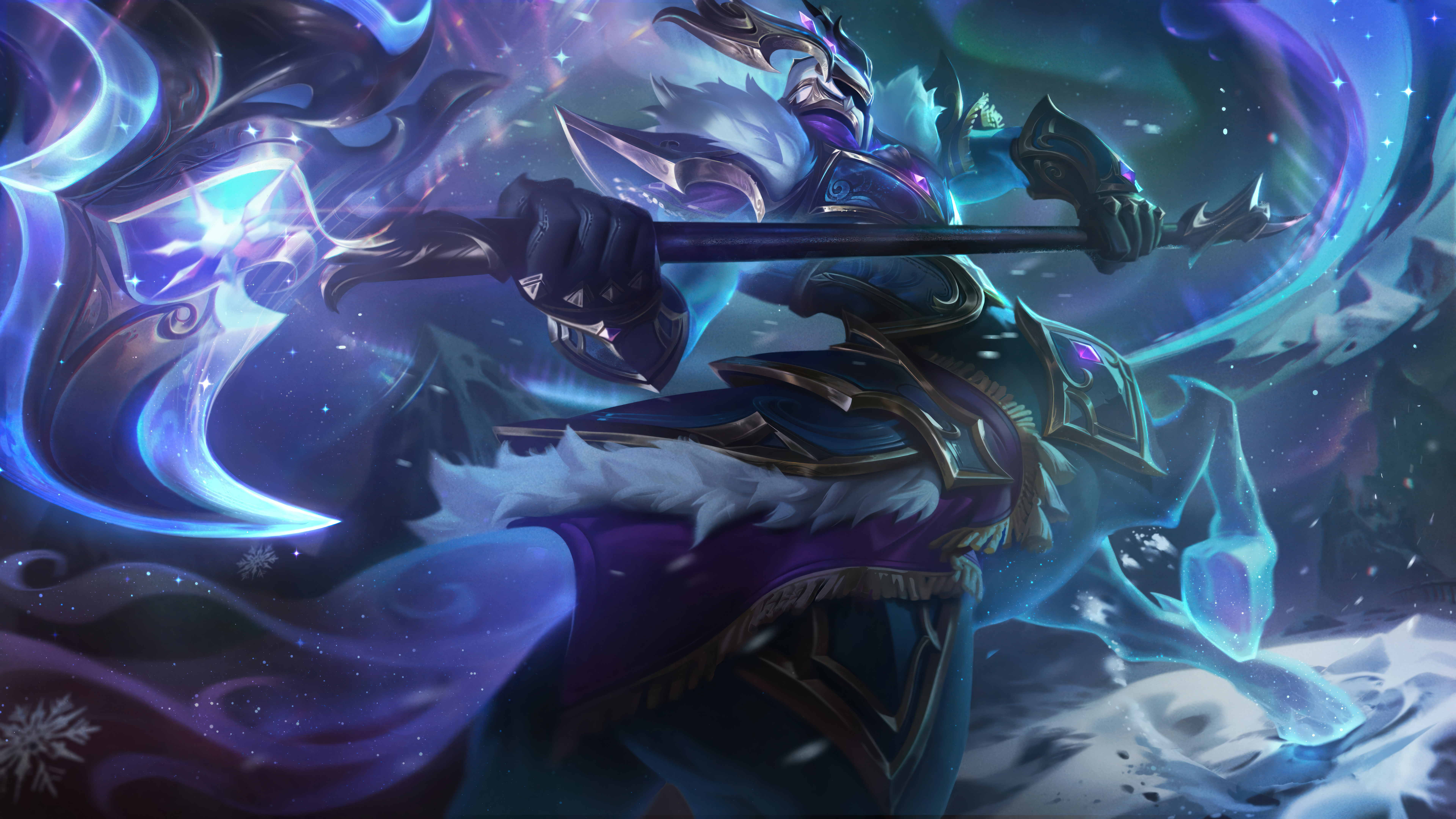 General 7680x4320 Hecarim (League of Legends) video games Riot Games digital art Winterblessed (League of Legends) League of Legends GZG video game characters 4K video game art aurorae video game men snow armor scythe night Centaurs snowflakes