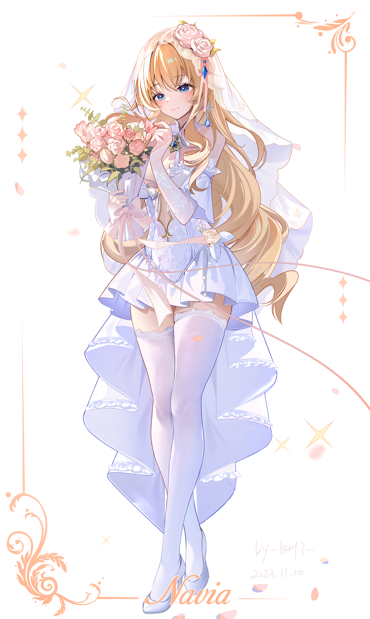 Anime 1196x2000 long hair blonde blue eyes thigh-highs blushing wedding dress flowers elbow gloves jewelry signature bridal gauntlets bridal veil Navia (Genshin Impact) pink hair portrait display closed mouth anime girls frills simple background white background dress frill dress minimalism earring bouquet heels