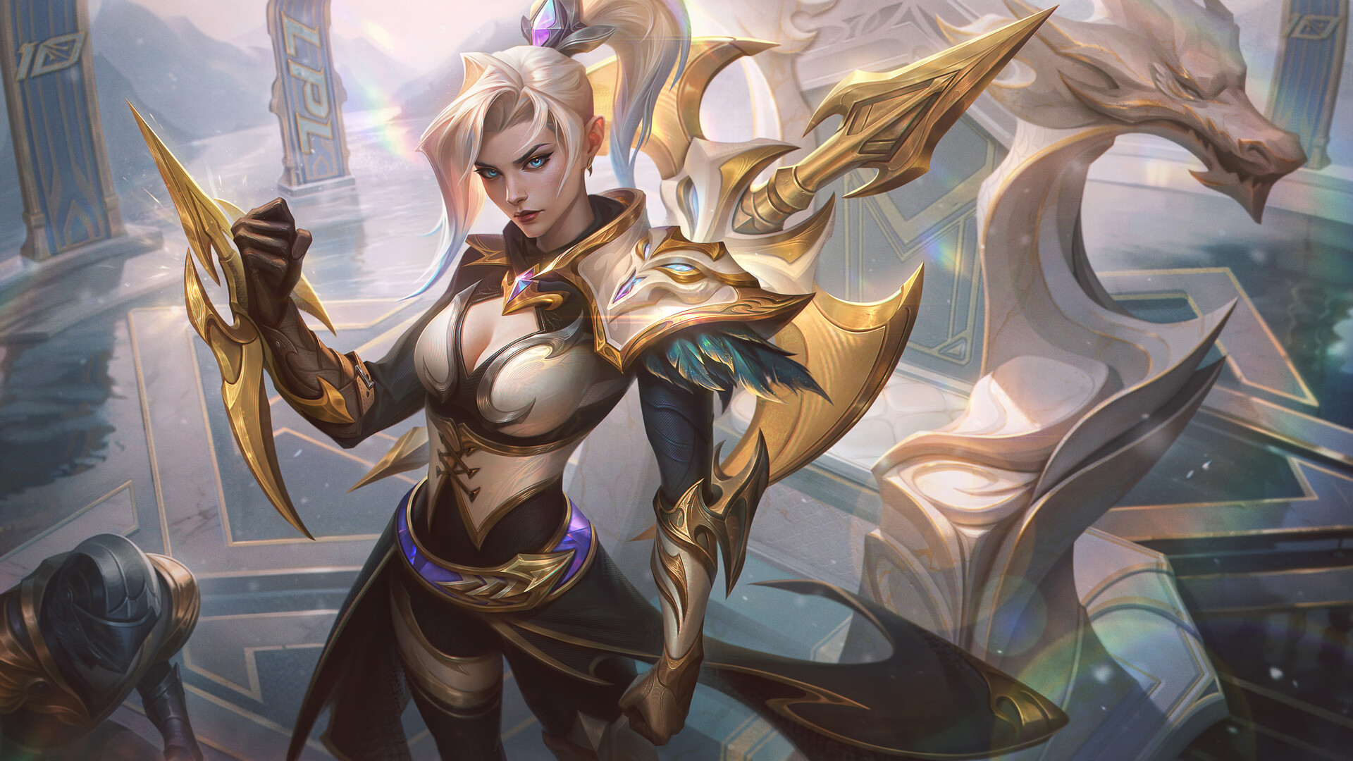 General 1920x1080 Pandart Studio drawing Vayne (League of Legends) crossbow gold dragon video game art digital art long hair looking at viewer women video game characters video game girls cleavage gradient hair ponytail closed mouth blue eyes earring video games standing