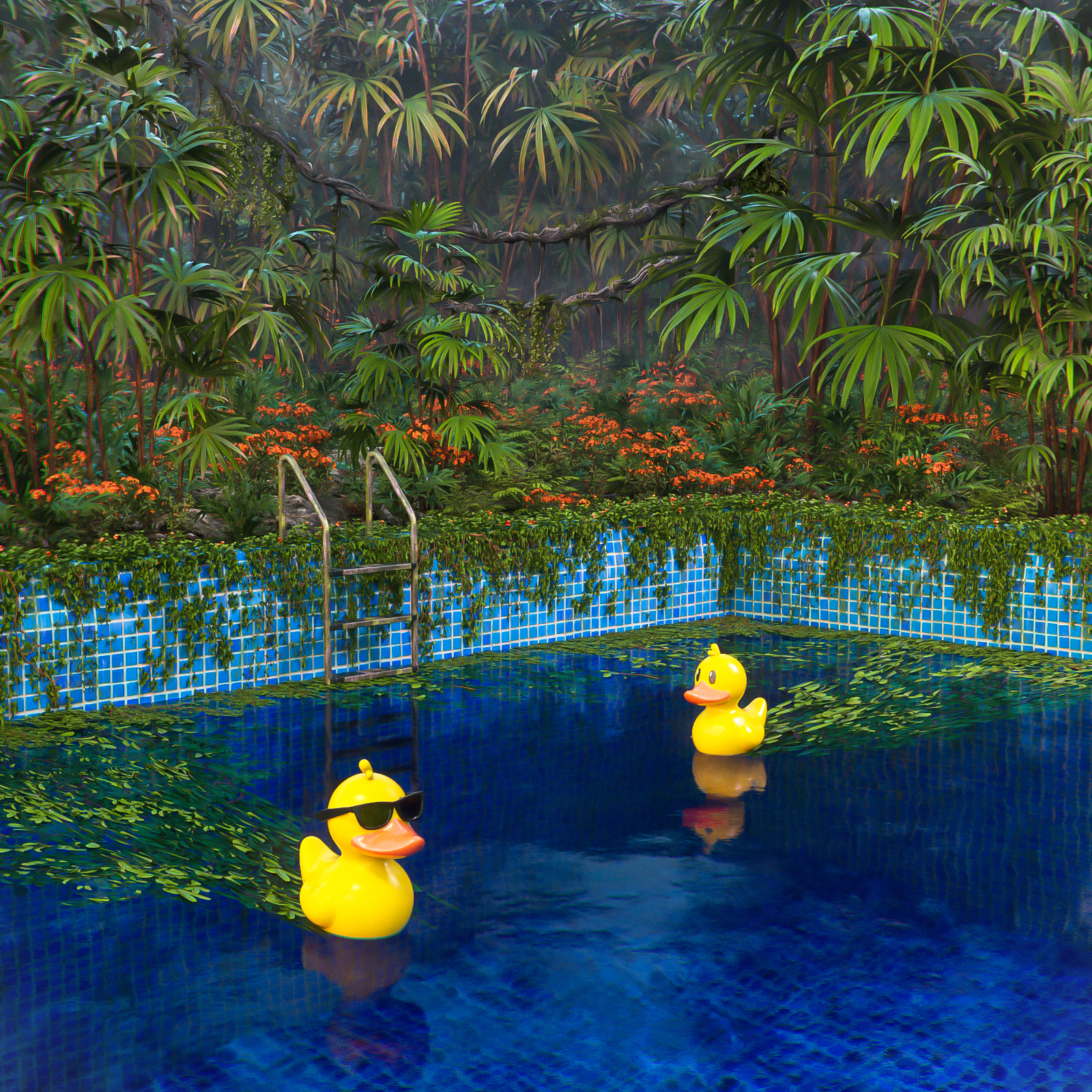 General 1600x1600 jungle swimming pool deep forest mist post apocalypse plants palm trees water reflection abstract 3D Abstract digital art CGI Cinema 4D Alex Agreto rubber ducks leaves