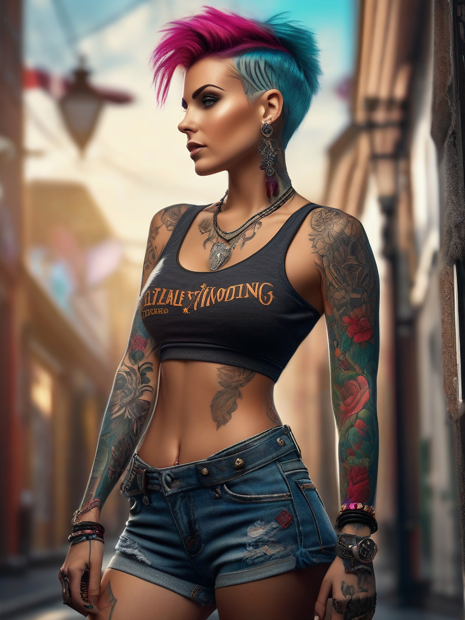 General 1536x2048 Alexey Sominsky AI art women dyed hair tank top depth of field multi-colored hair punk portrait display digital art shorts belly earring mohawk looking away blurred blurry background bracelets standing sunlight parted lips