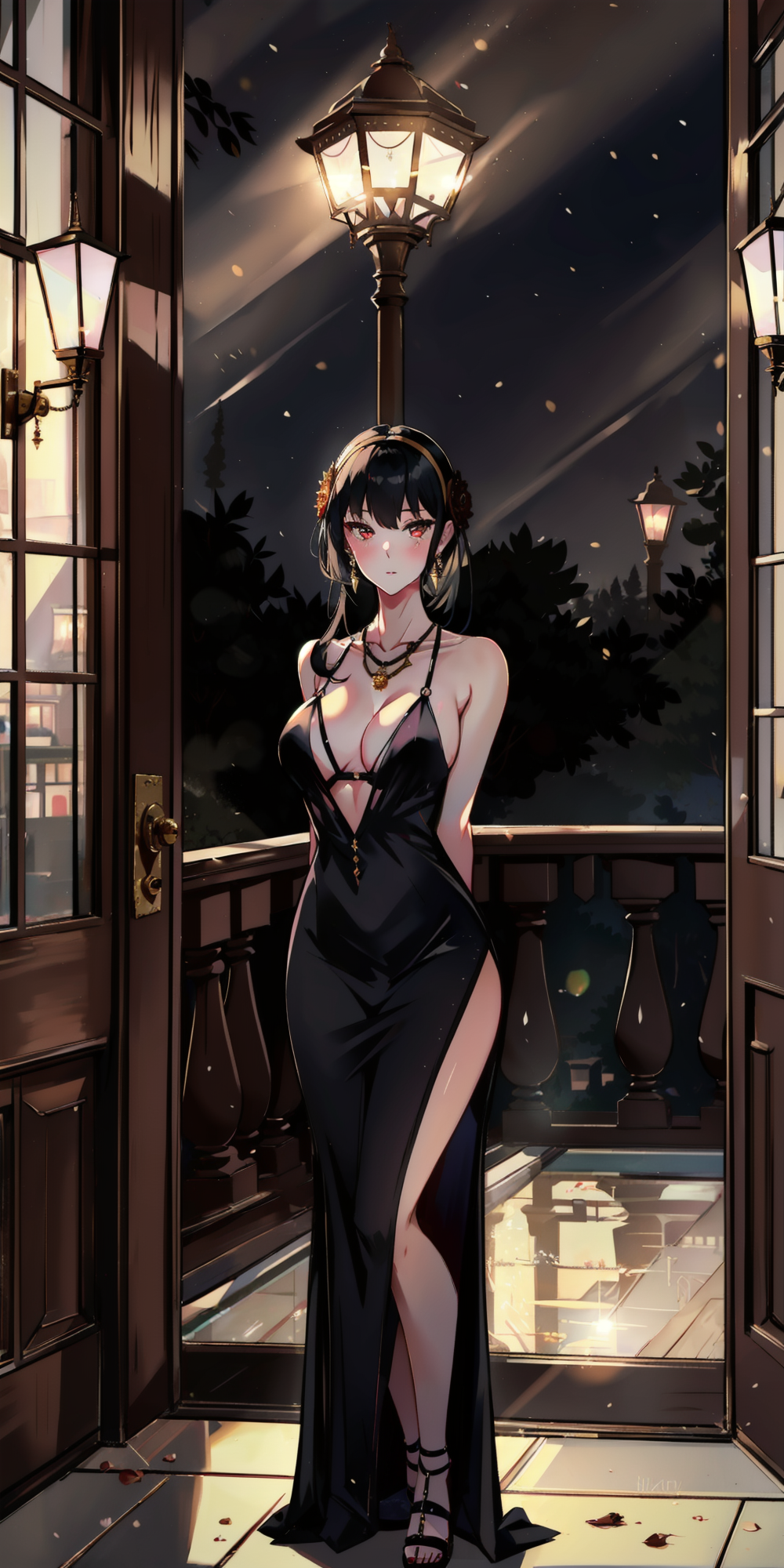 Anime 1000x2000 anime AI art Stable Diffusion Yor Forger big boobs Spy x Family portrait display digital art looking at viewer standing blushing closed mouth necklace dress sky night thighs stars long hair heels legs anime girls