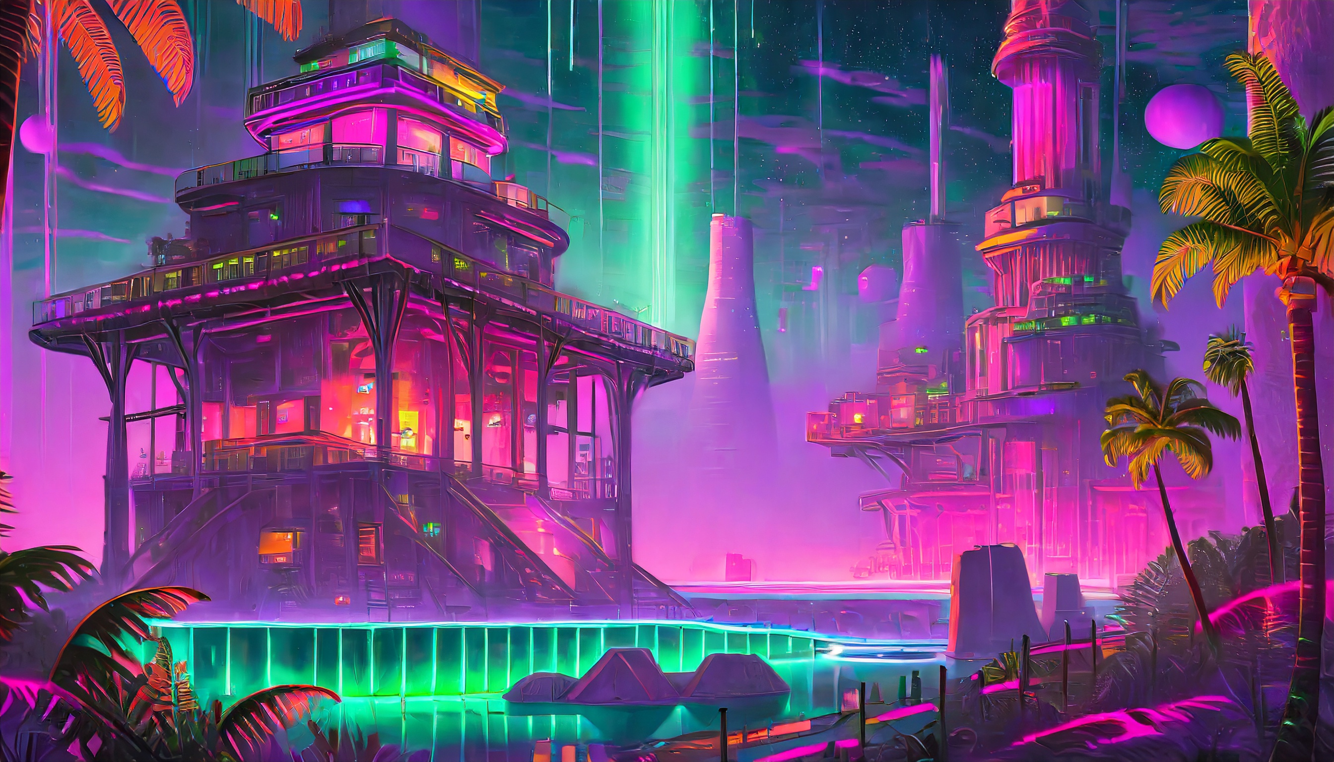 General 2688x1536 AI art cyberpunk Atlantis digital art blue pink violet neon