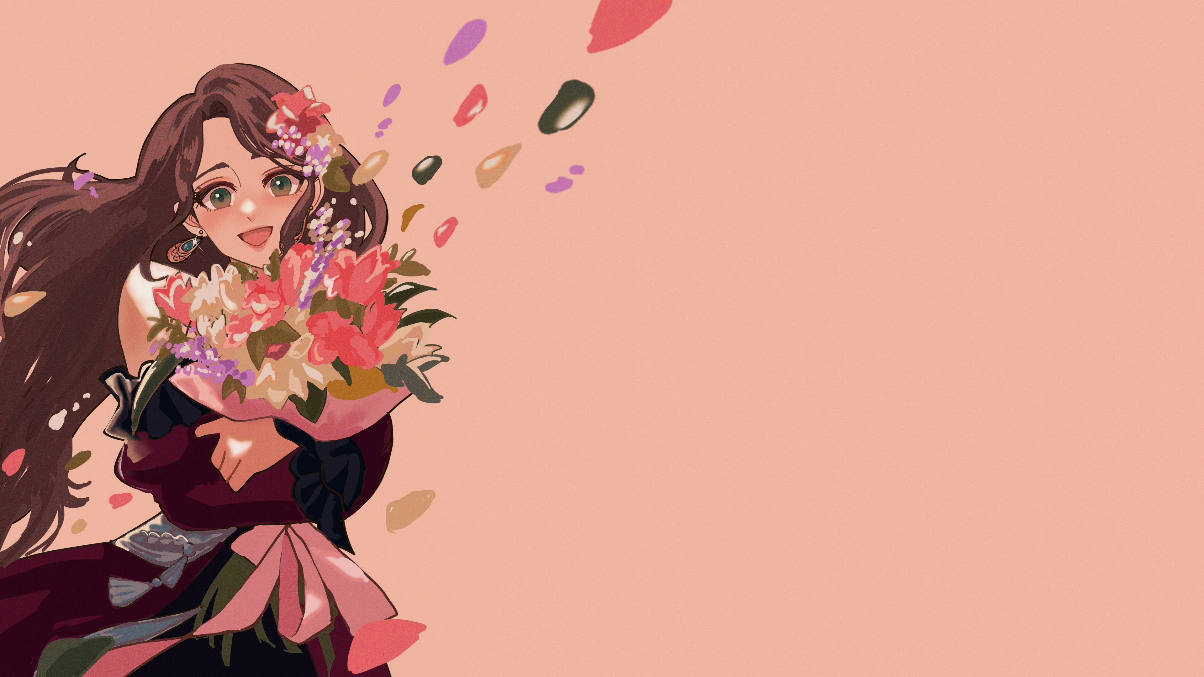 Anime 3840x2160 video game girls Nintendo brunette bangs blunt bangs smiling long hair Fire Emblem fire emblem three houses Dorothea Arnault flowers petals looking at viewer hair ornament bouquet jewelry pink background simple background dress video games green eyes jewel minimalism flower in hair earring open mouth