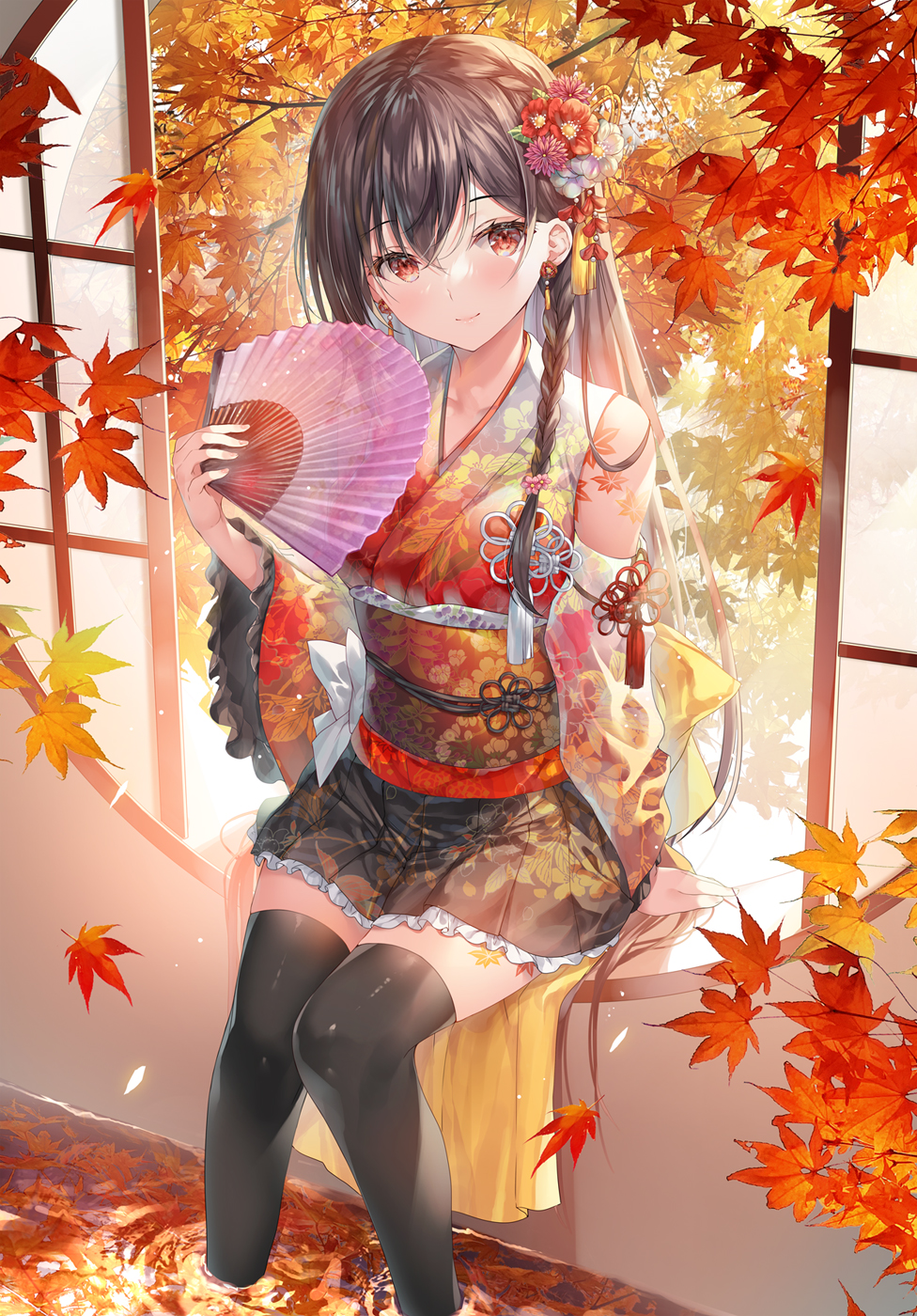 Anime 976x1400 anime anime girls portrait display fans Chinese dress leaves looking at viewer smiling flower in hair long hair sunlight stockings sitting bare shoulders skirt braids fall earring window sill
