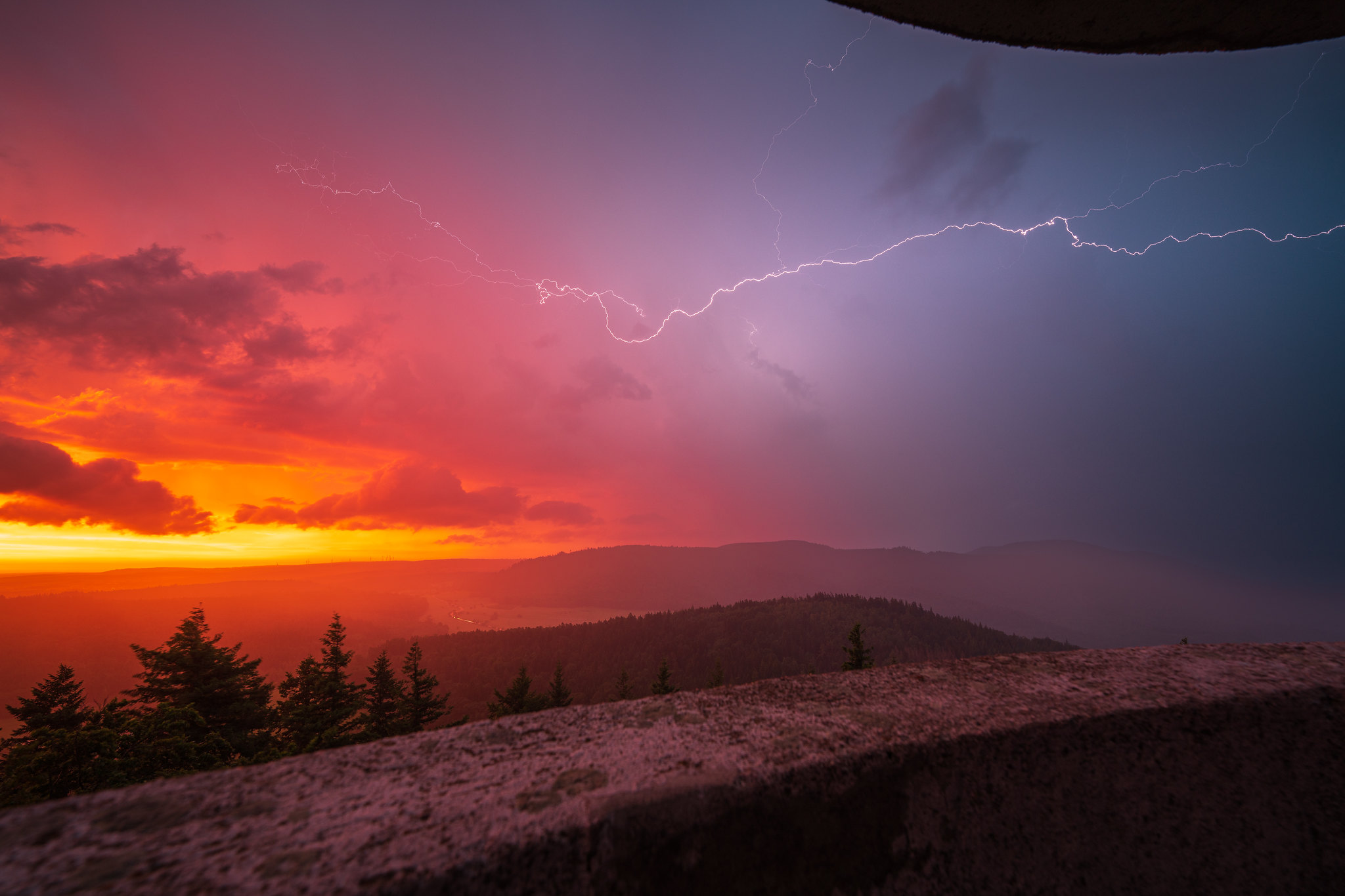 General 2048x1366 lightning storm photography sunrise sunset glow landscape sky trees clouds red sky nature