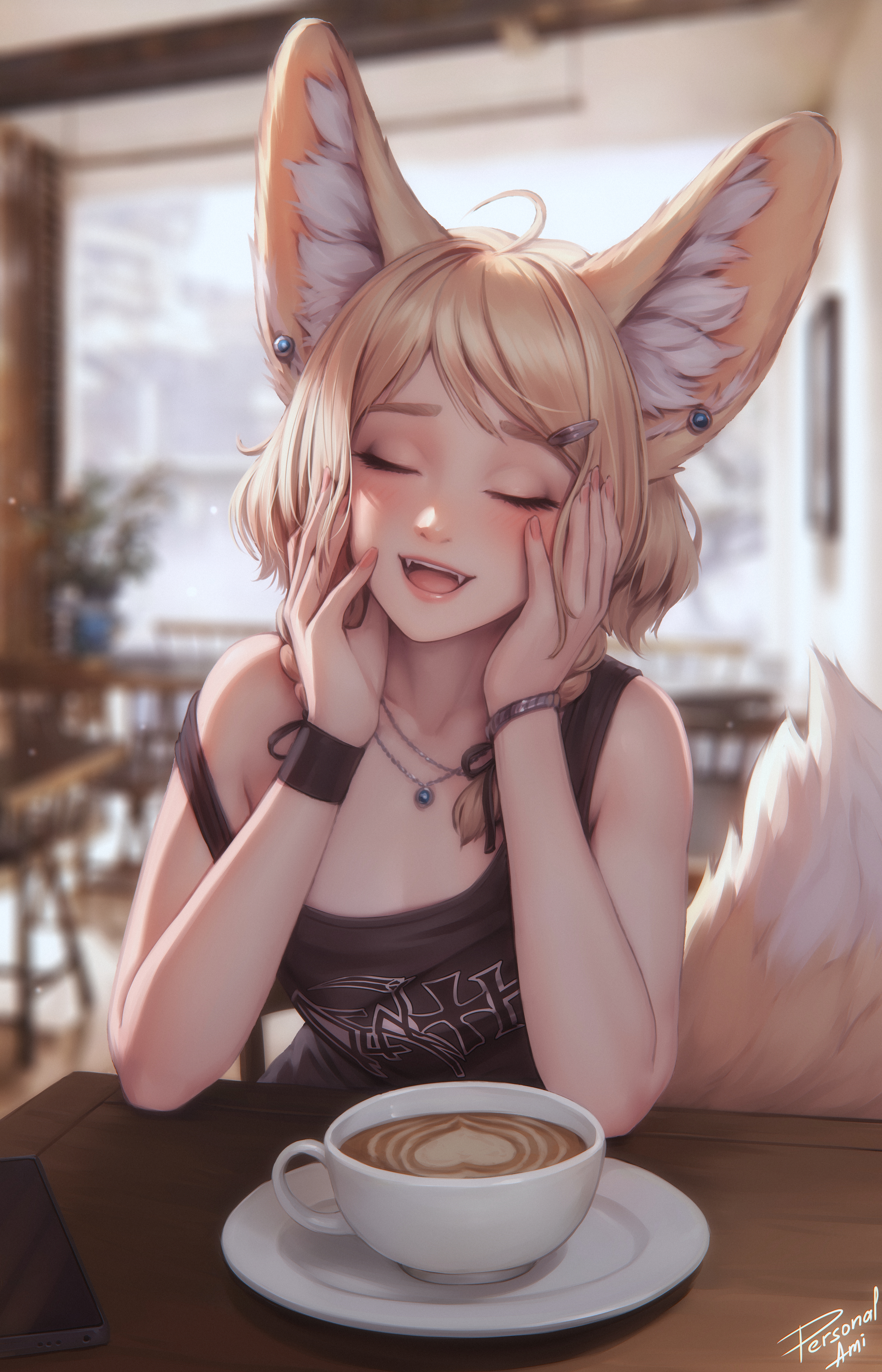 Anime 4500x7000 Khiara (OC) anime anime girls coffee fantasy girl closed eyes original characters drink portrait display drawing indoors women indoors signature artwork cup fox ears fox tail fox girl blonde smiling open mouth bracelets necklace sitting sunlight table blushing hand on face fangs blurred blurry background hairpins heart (design) phone Personal ami