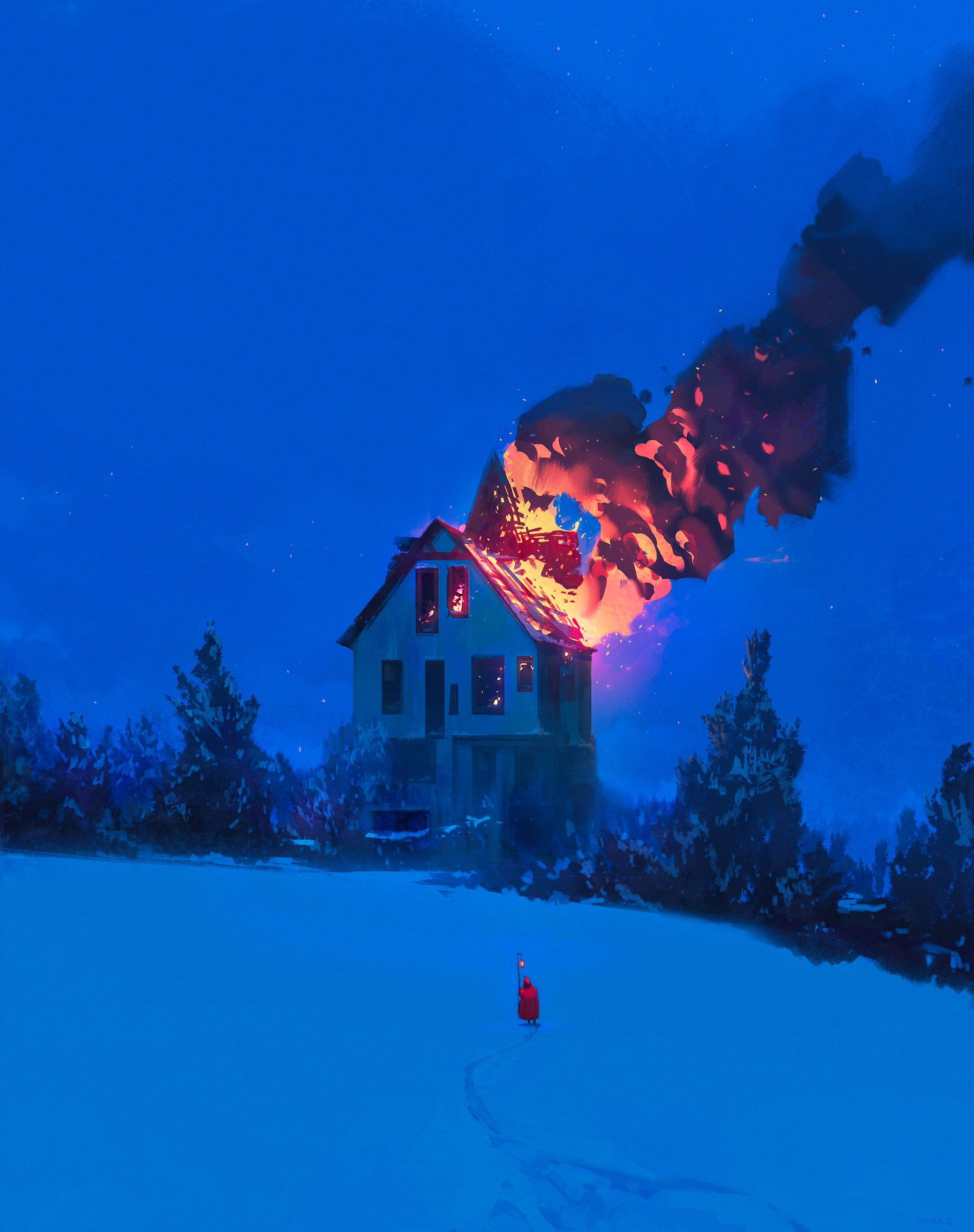 General 1620x2048 Jocelin Carmes digital art illustration dark fictional burning portrait display fire snow trees house