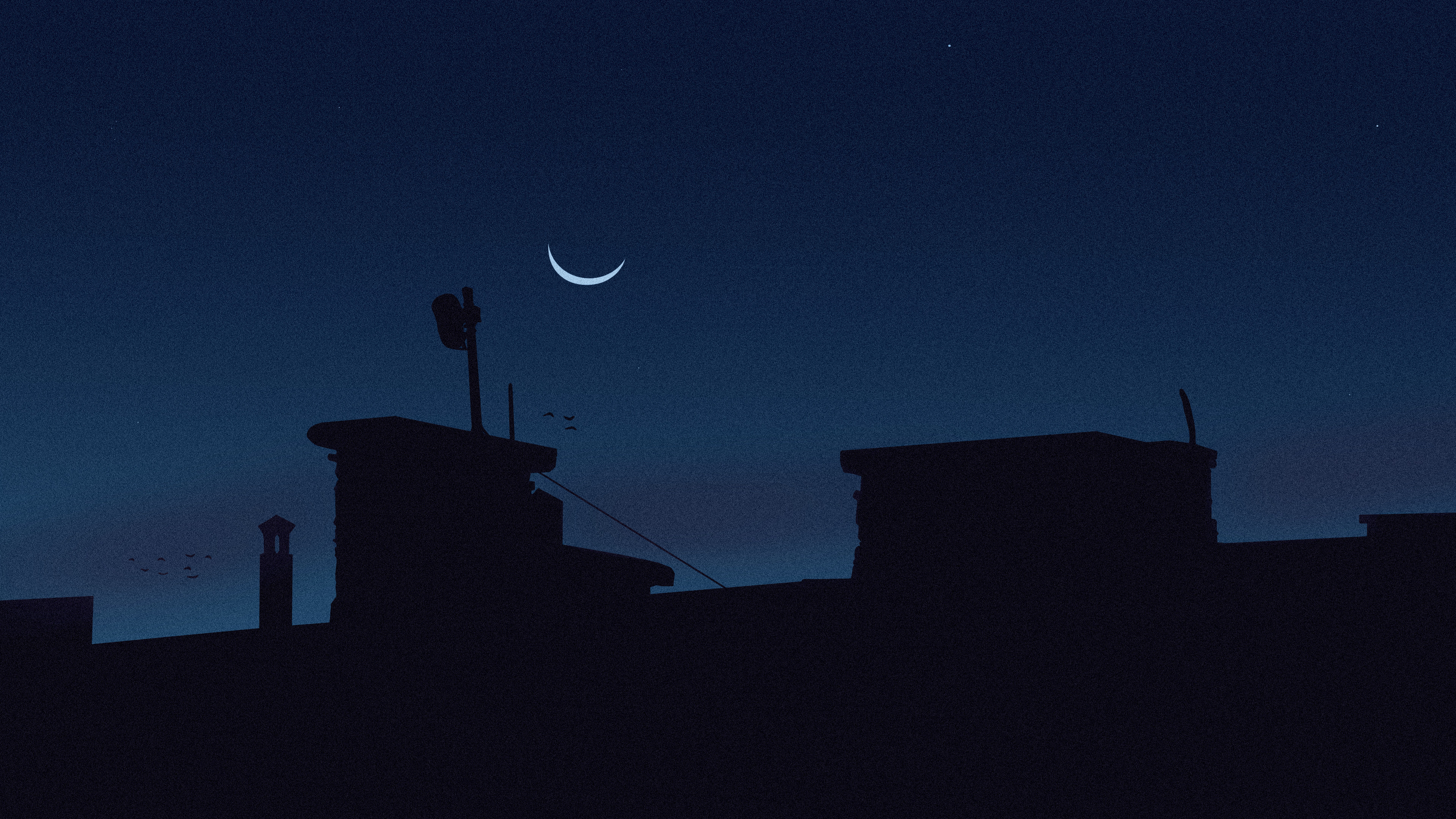 General 3840x2160 digital art LoFi night crescent moon silhouette dark building peaceful simple background minimalism Moon