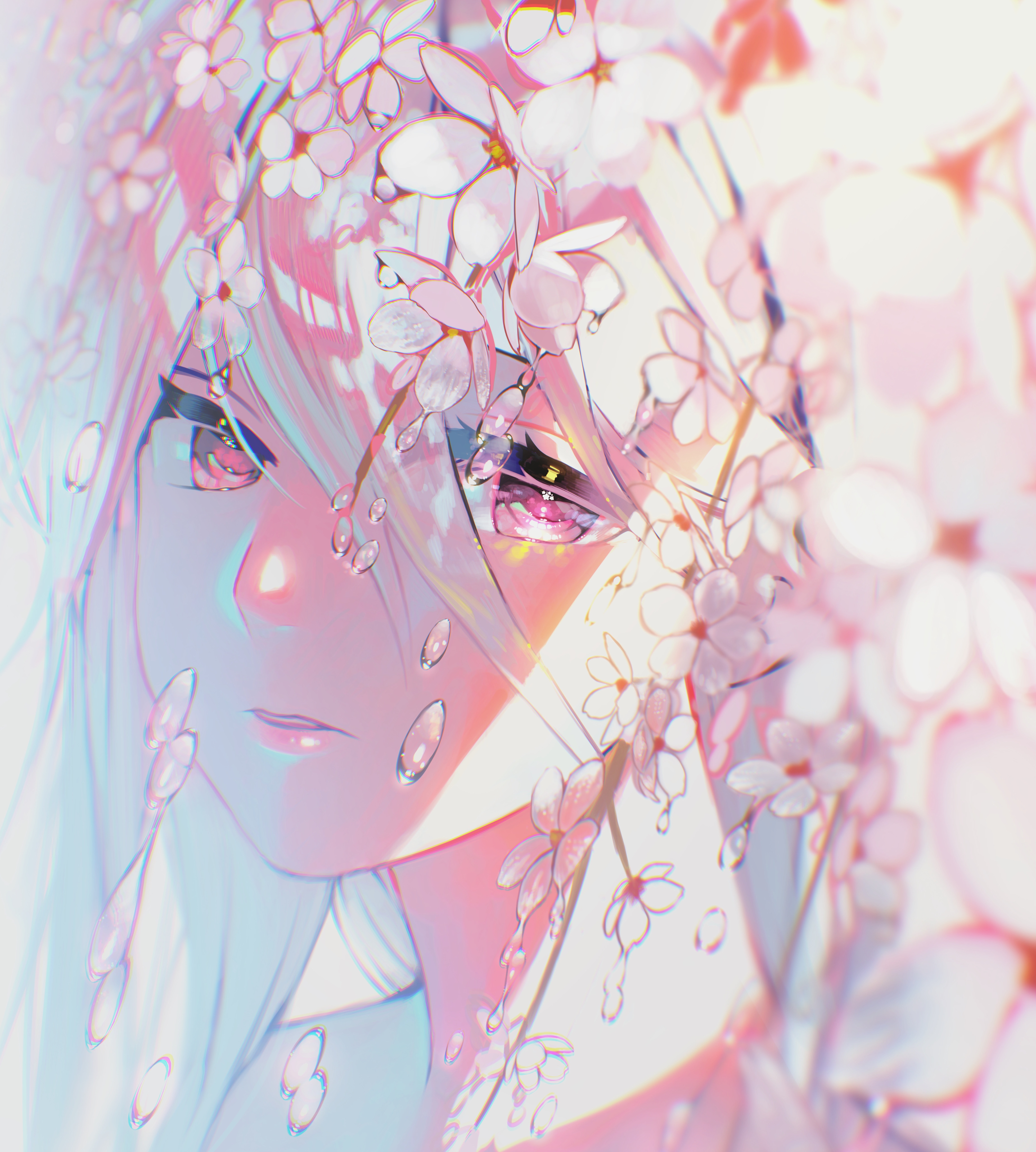 Anime 3684x4096 anime anime girls Pixiv portrait display flowers petals water drops face looking at viewer