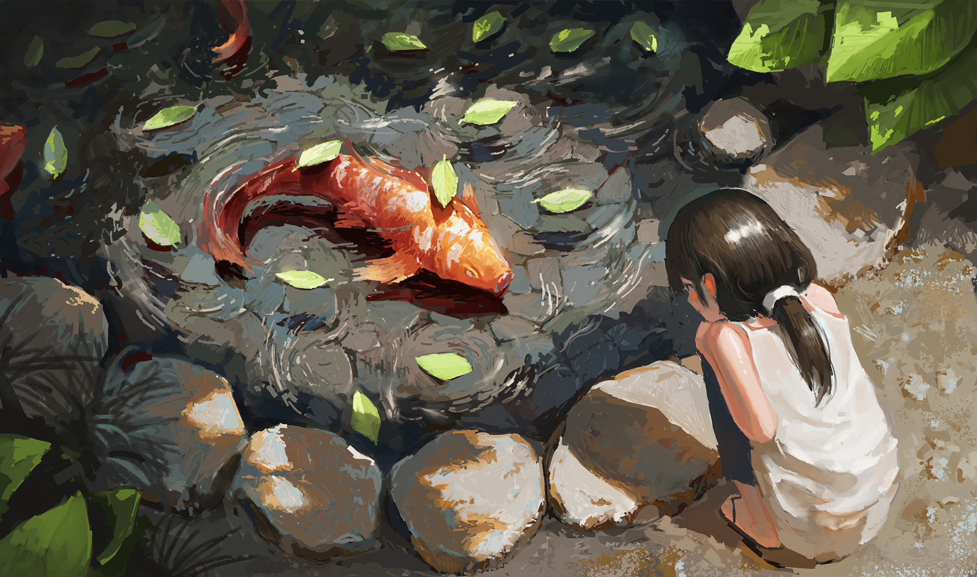 Anime 1980x1171 anime anime girls fish animals leaves rocks squatting koi high angle water ripples pond koi fish